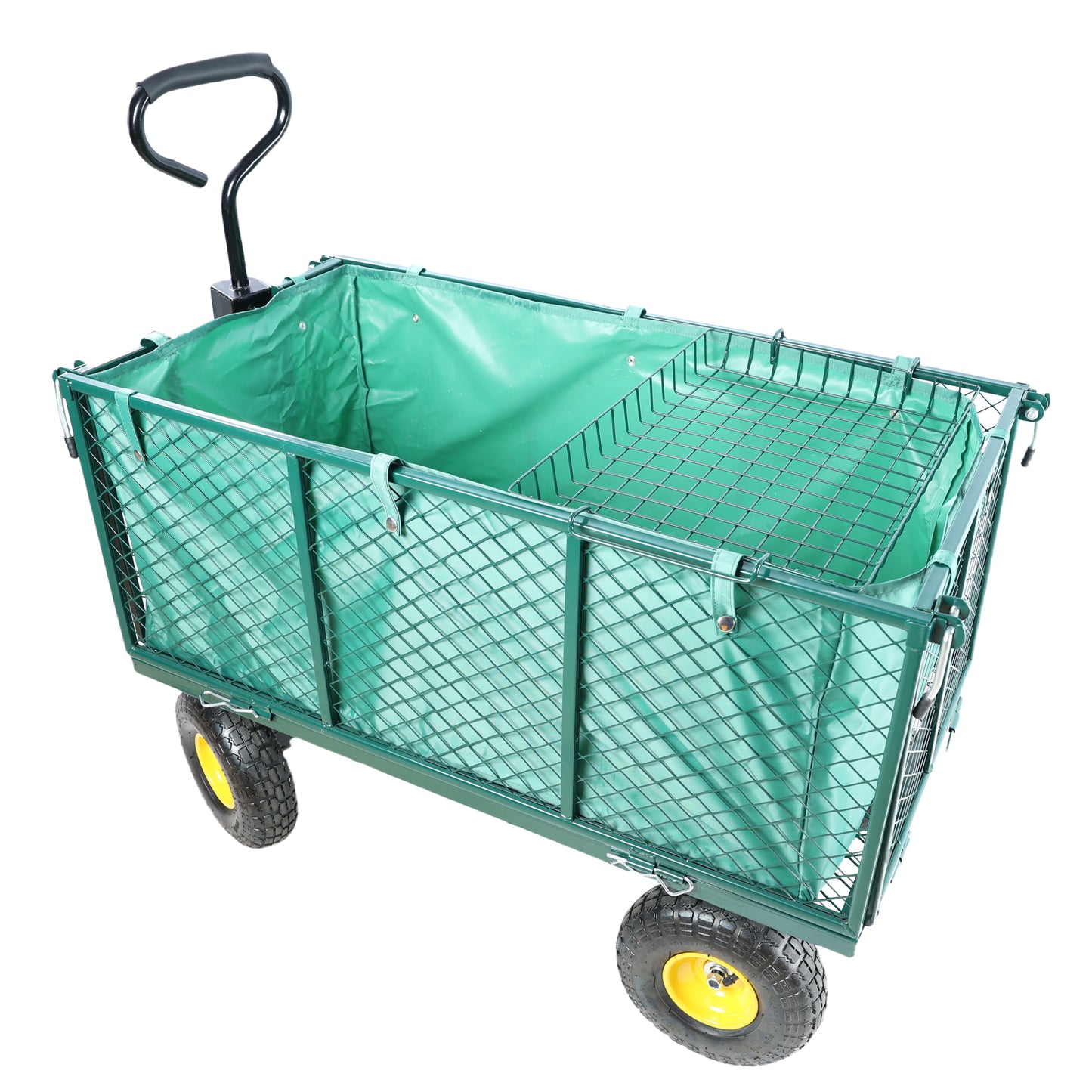 Green garden cart with wire mesh sides and padded handle for hauling supplies