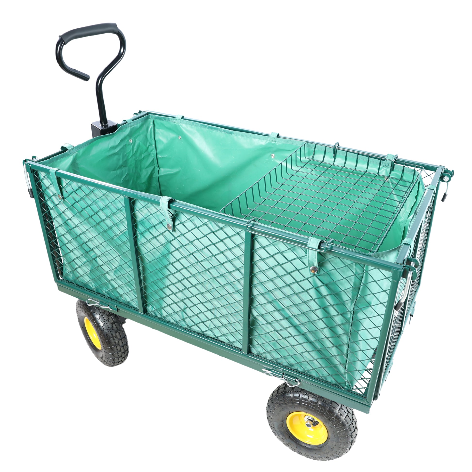 Green garden cart with wire mesh sides and padded handle for hauling supplies