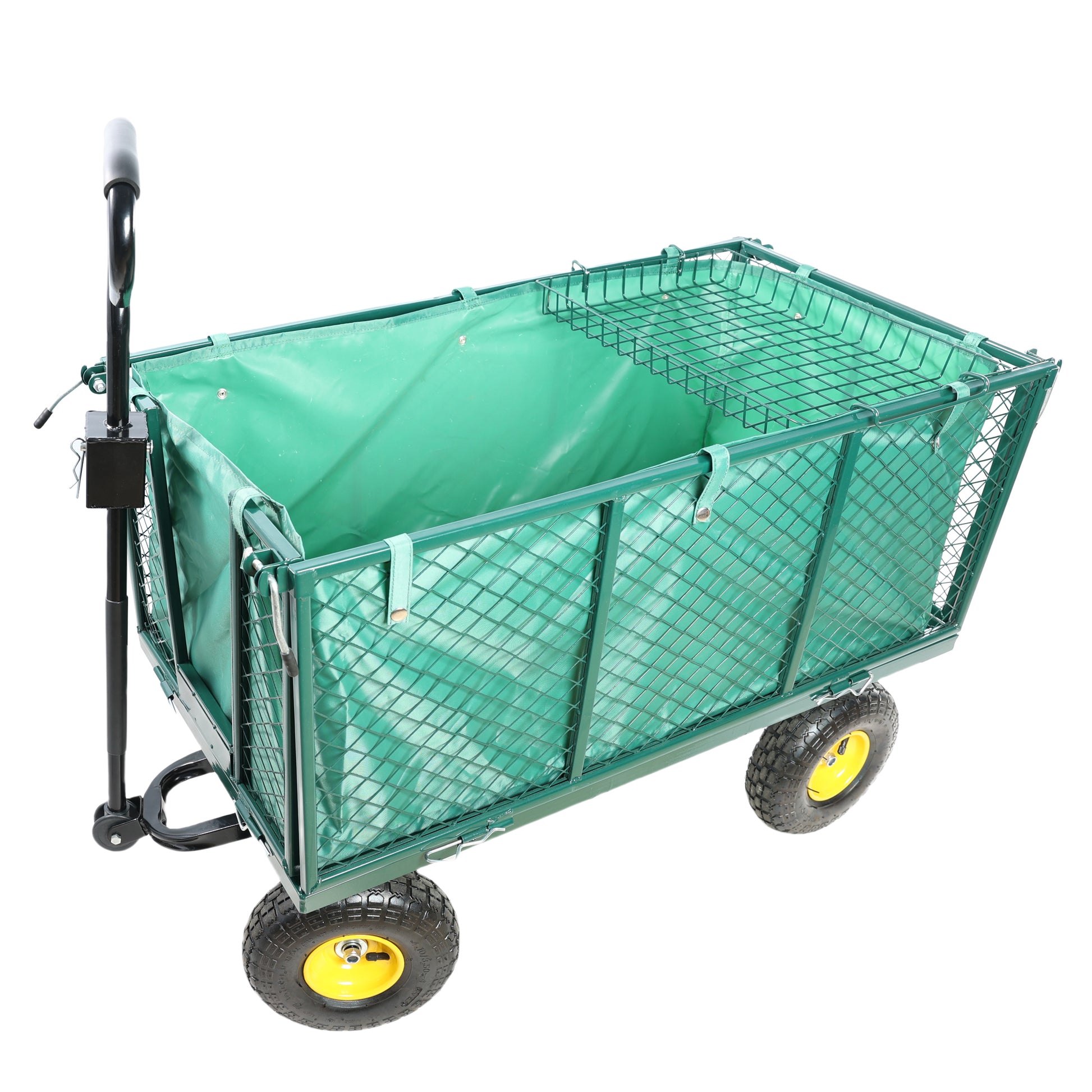 Green garden wagon with durable mesh sides and reinforced fabric lining