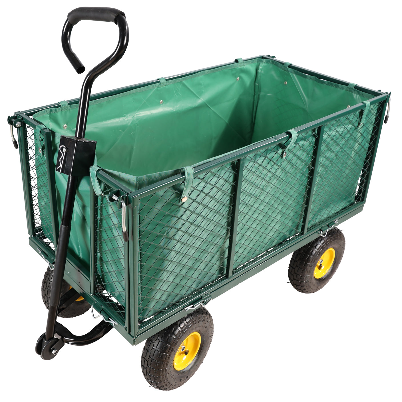 Green garden wagon with a metal frame and fabric liner ideal for hauling