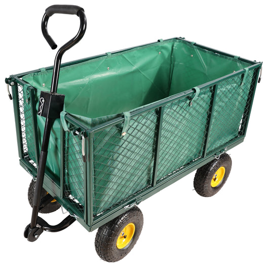 Green garden wagon with a metal frame and fabric liner ideal for hauling