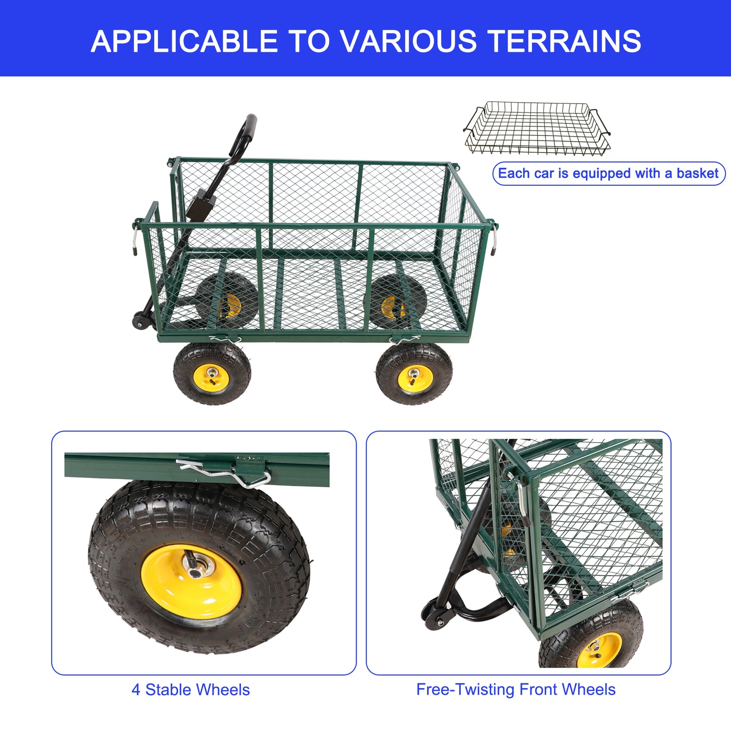 Green garden wagon with mesh sides and large wheels for hauling supplies outdoors