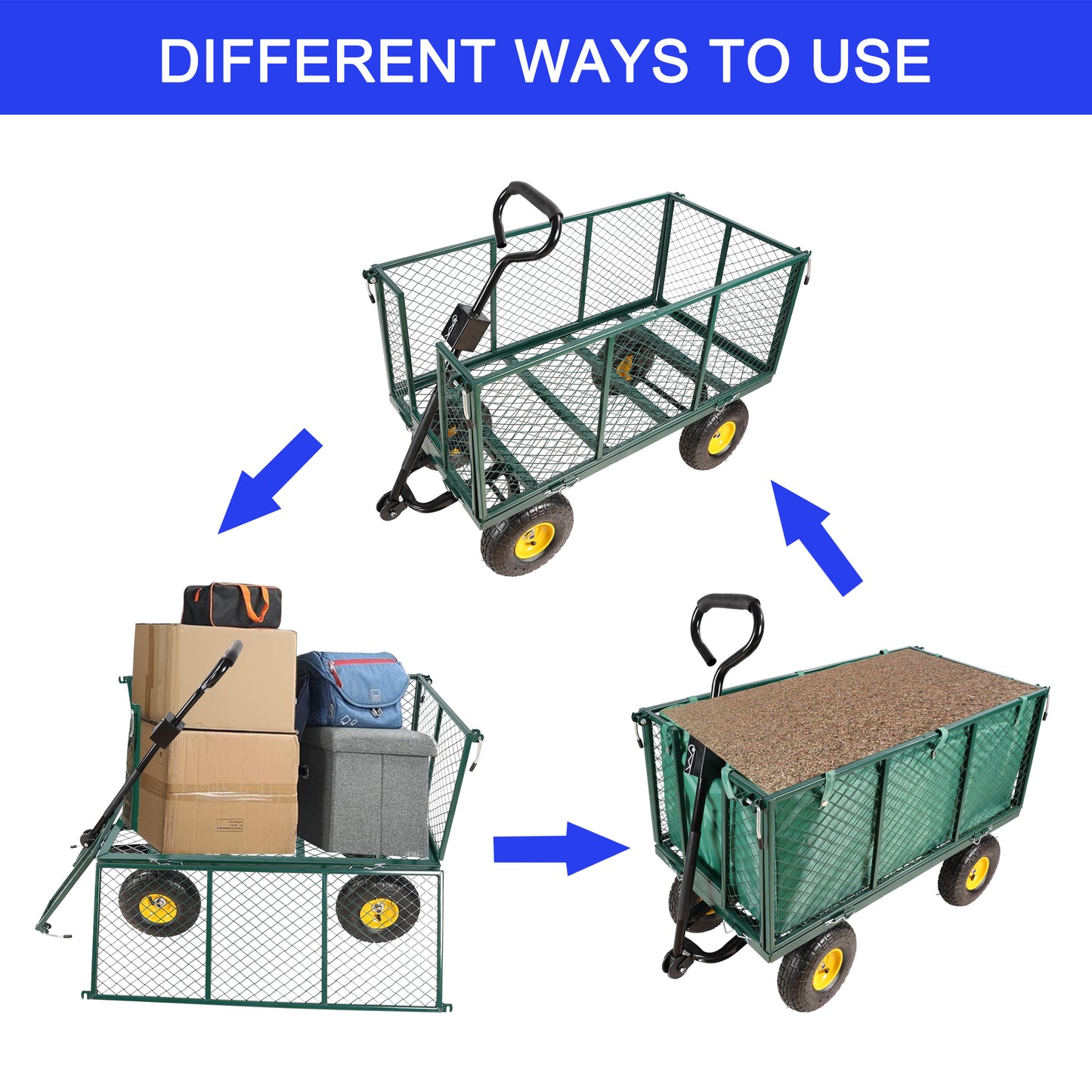 Green mesh garden cart with large wheels and handle