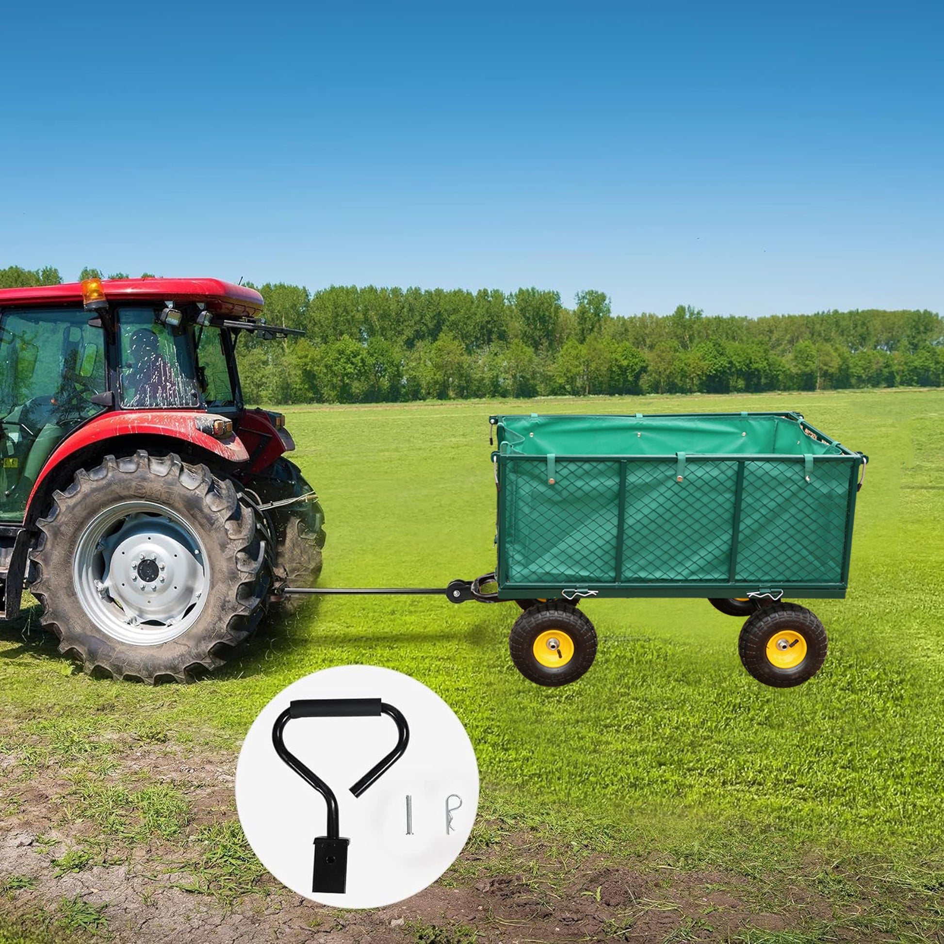 Green steel garden trailer with tarp pulled by red tractor on grassy field