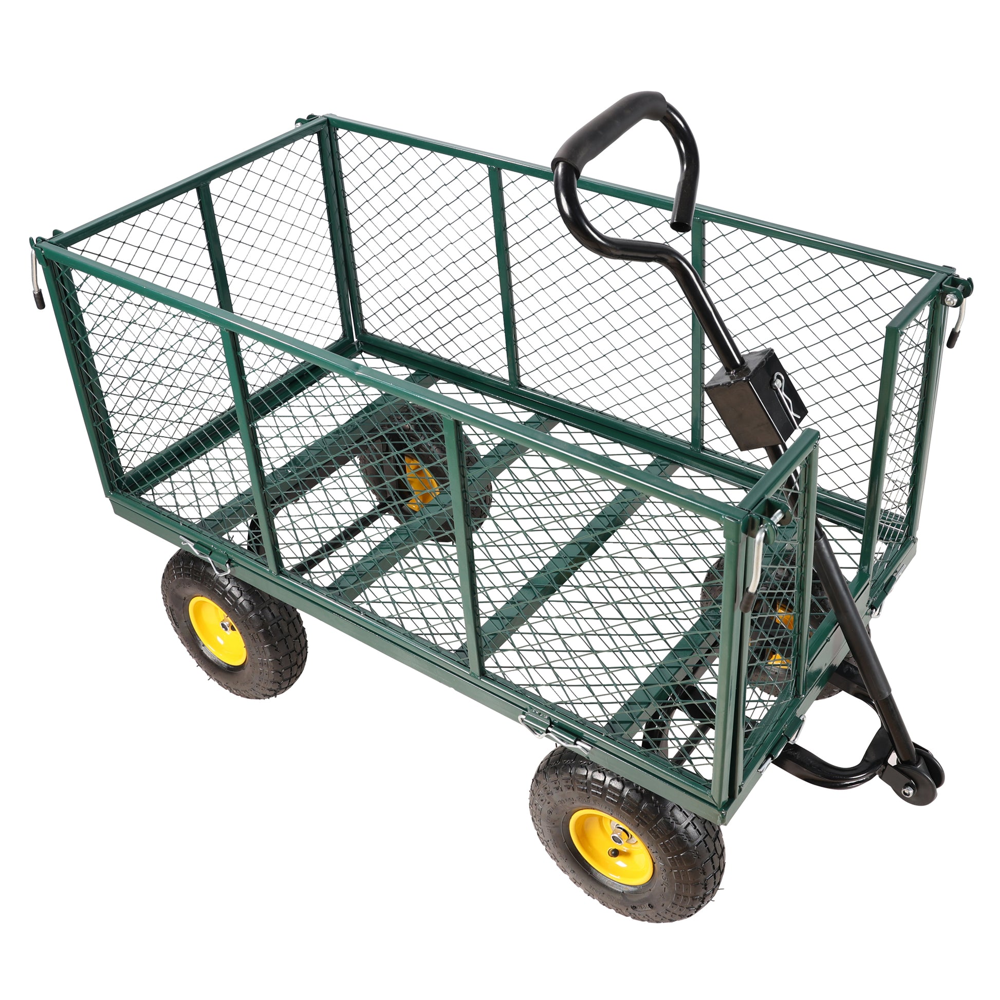 Green metal garden cart with mesh sides and two yellowwheeled pneumatic tires for hauling garden supplies