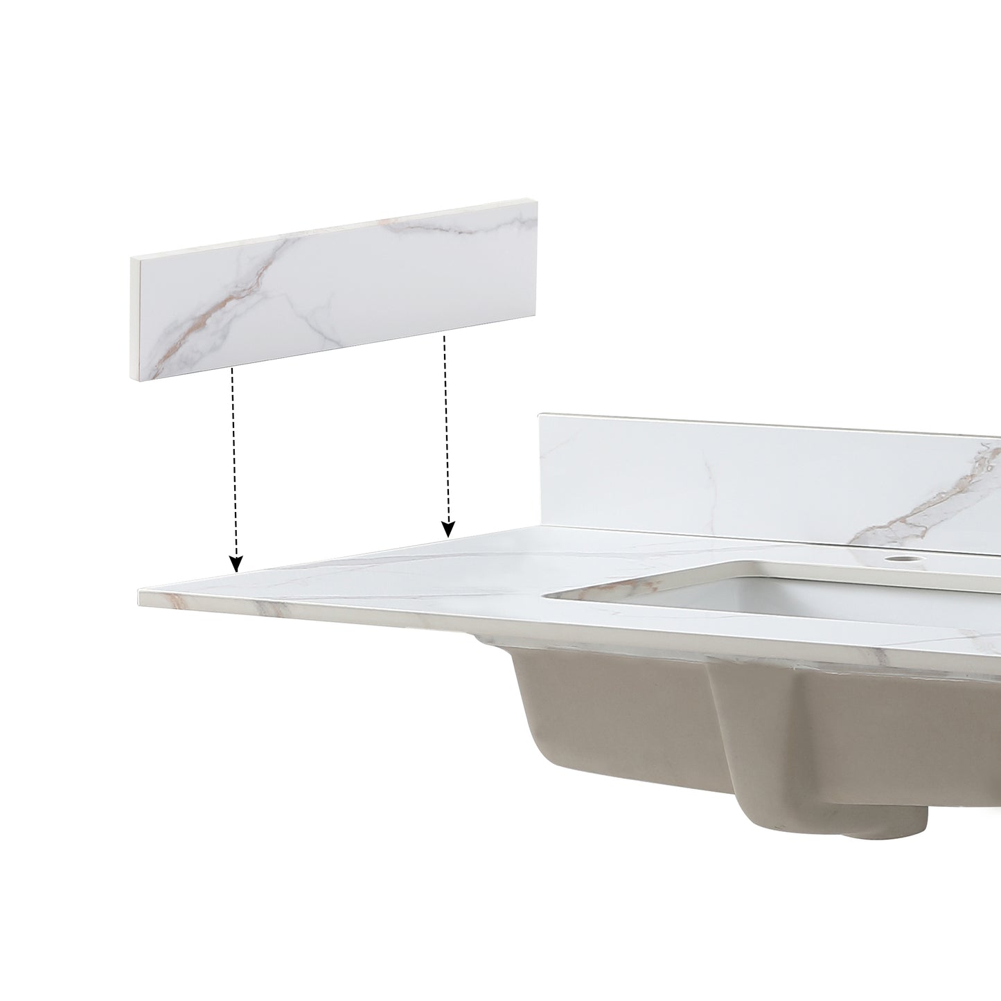 White marble vanity top with integrated sink showcasing elegant veining