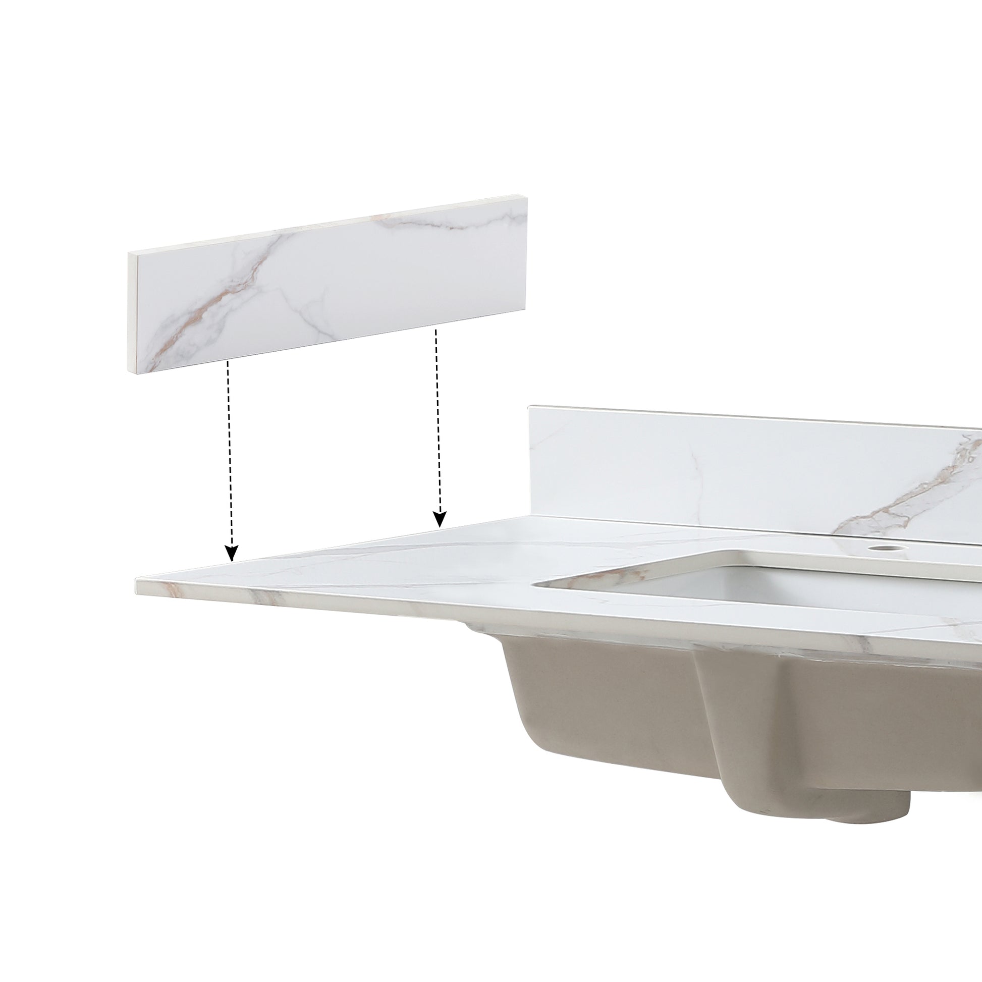 White marble vanity top with integrated sink showcasing elegant veining