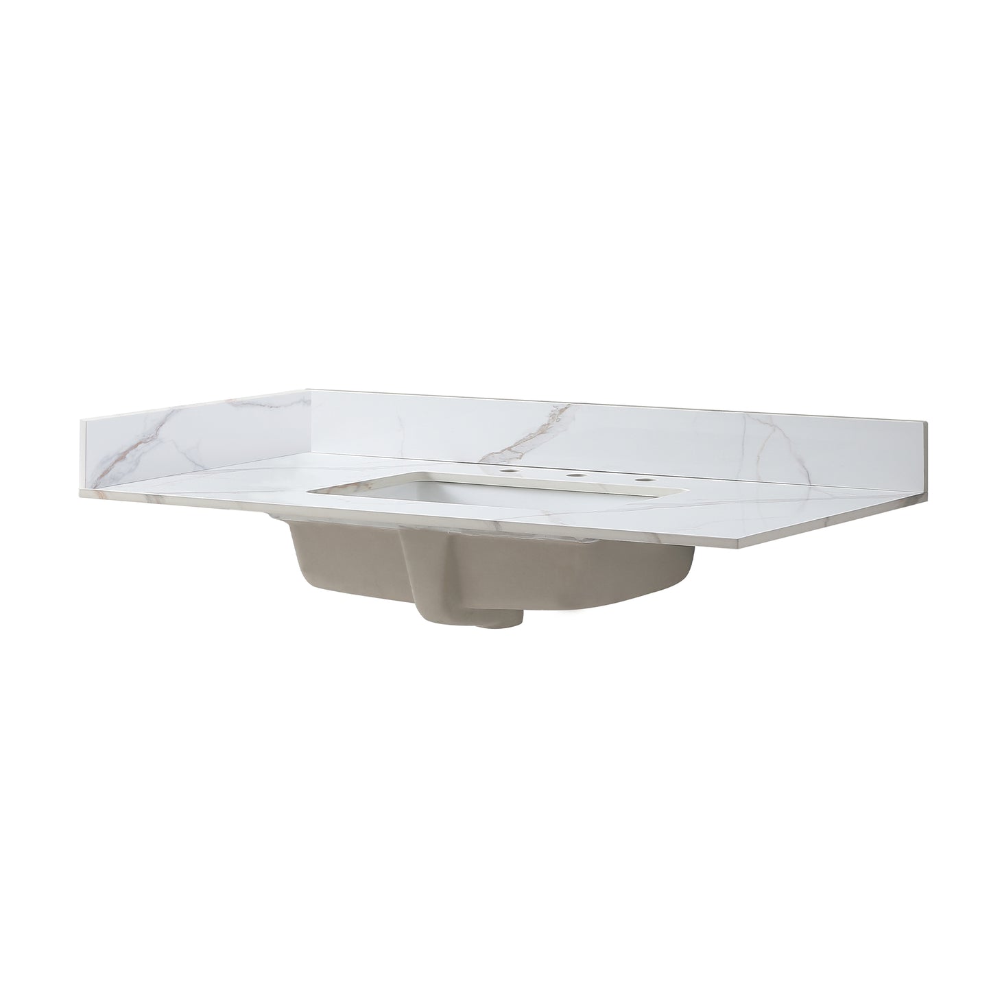 White marble vanity top with undermount sink and three faucet holes