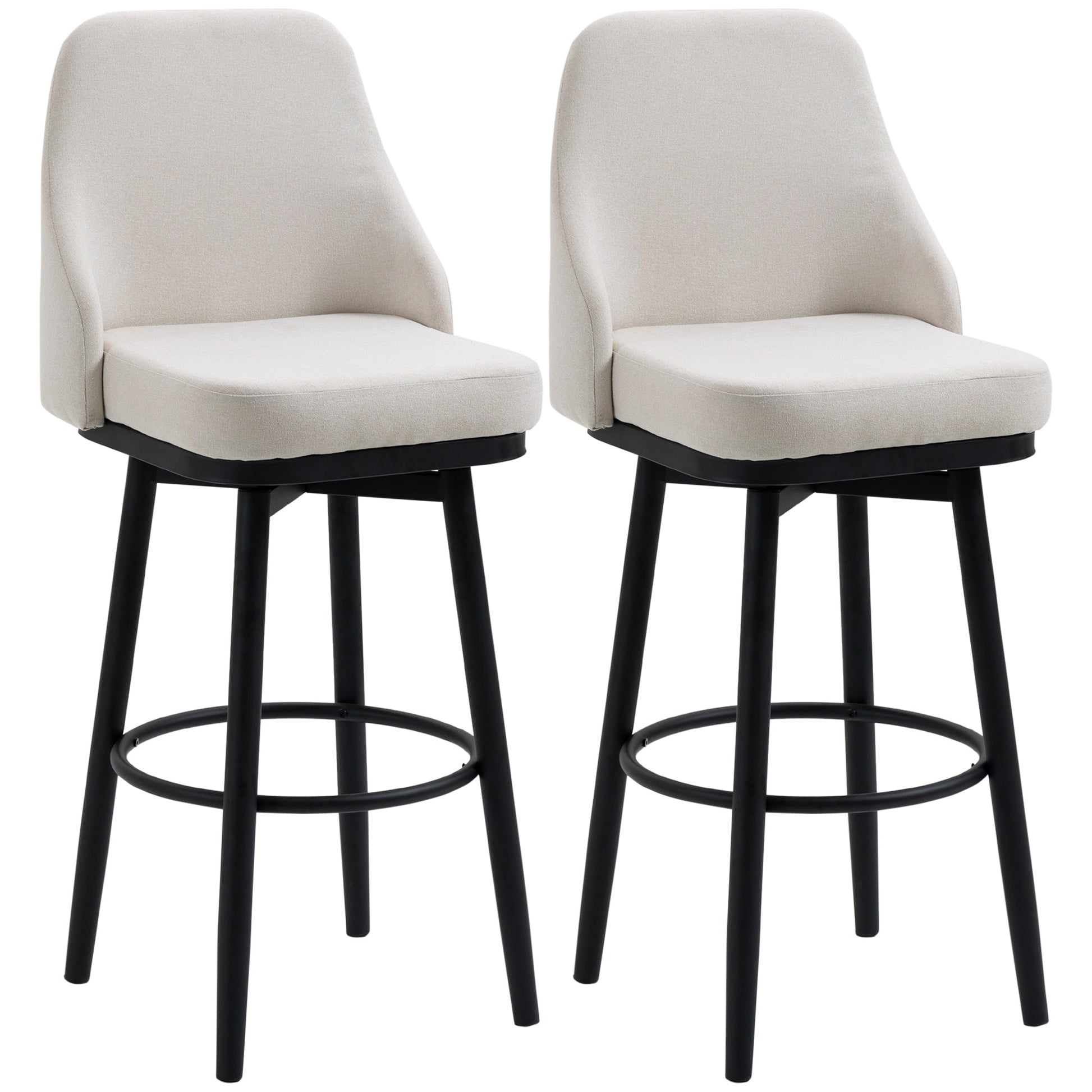 Two beige fabric swivel bar stools with black metal legs and footrests