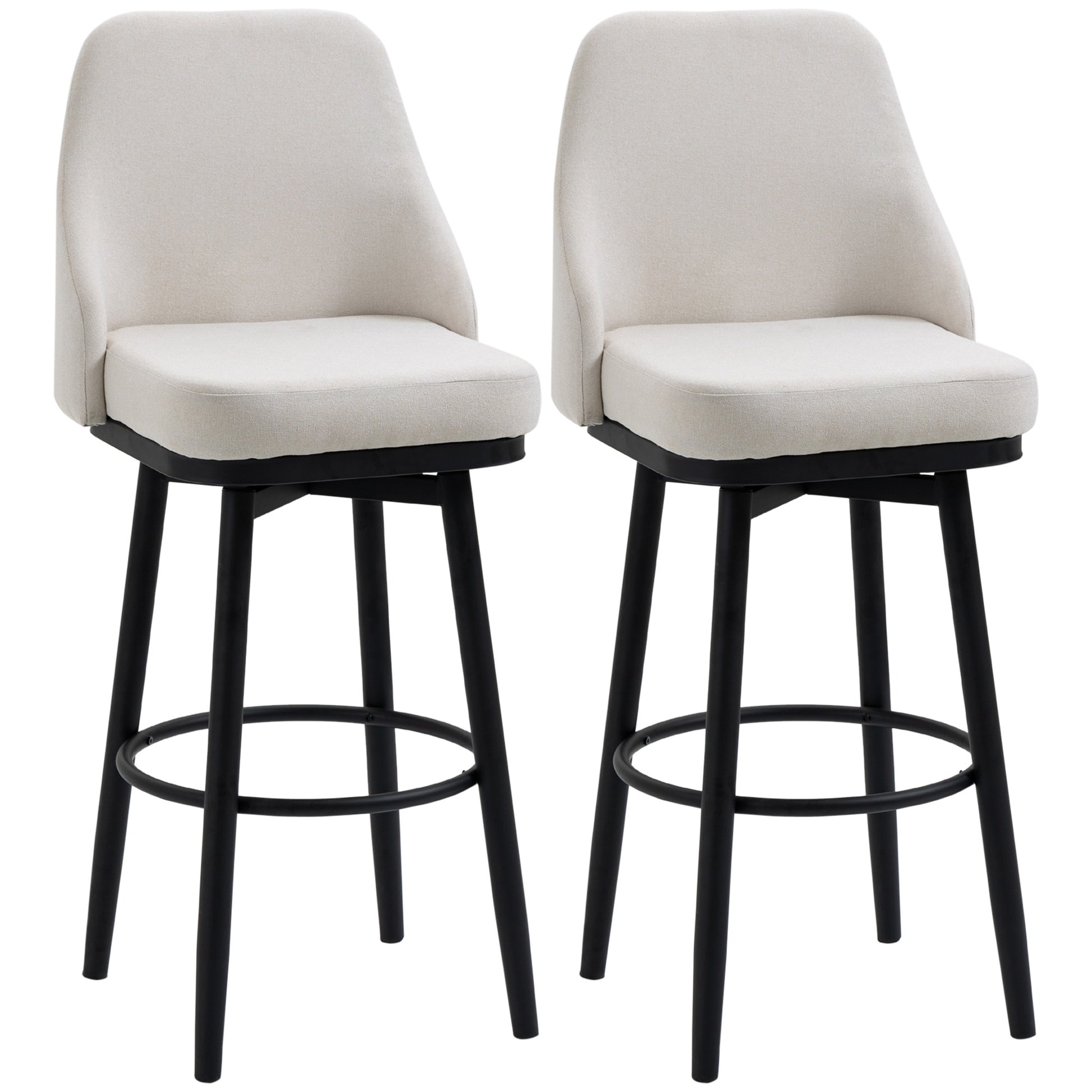 Two cream upholstered swivel bar stools with black metal legs and footrests