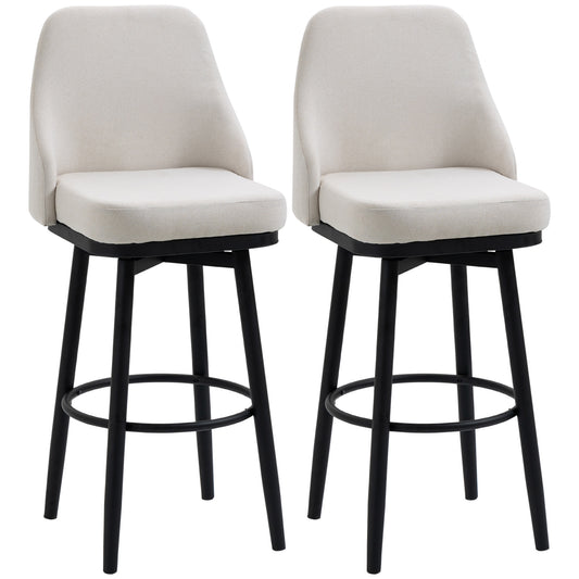 Two cream upholstered swivel bar stools with black metal legs and footrests