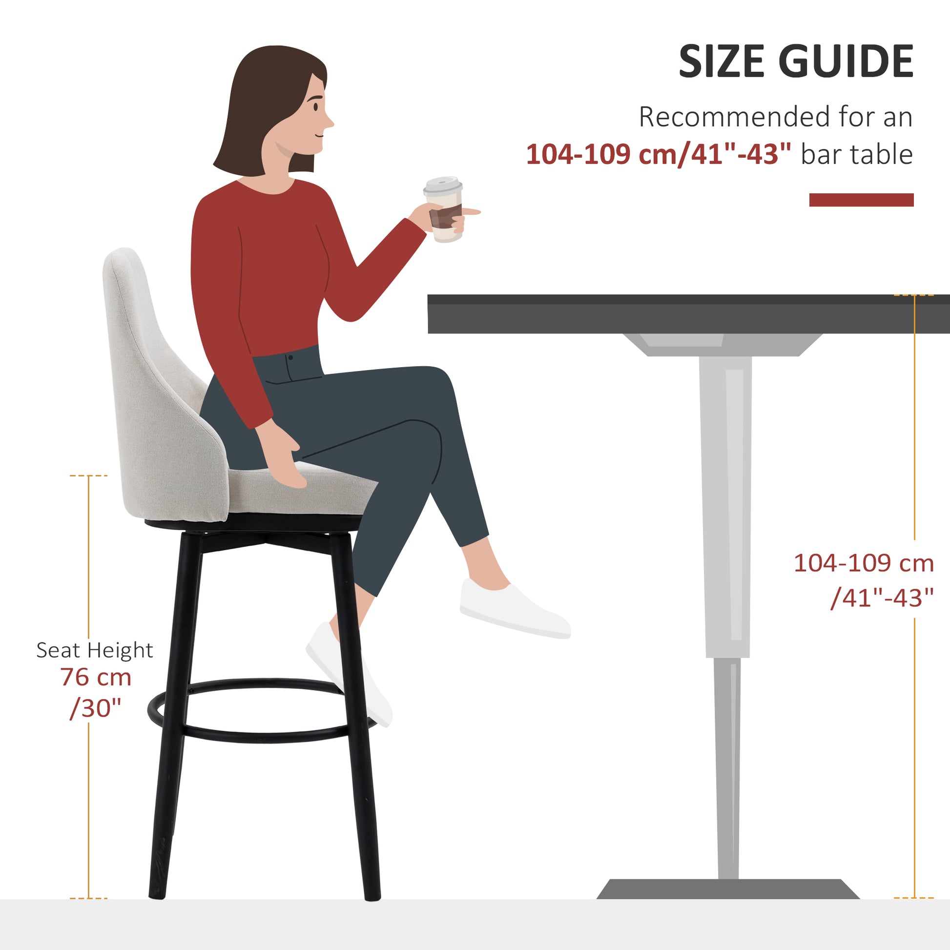 Illustration of a light gray upholstered bar stool with black legs and a woman sitting on it