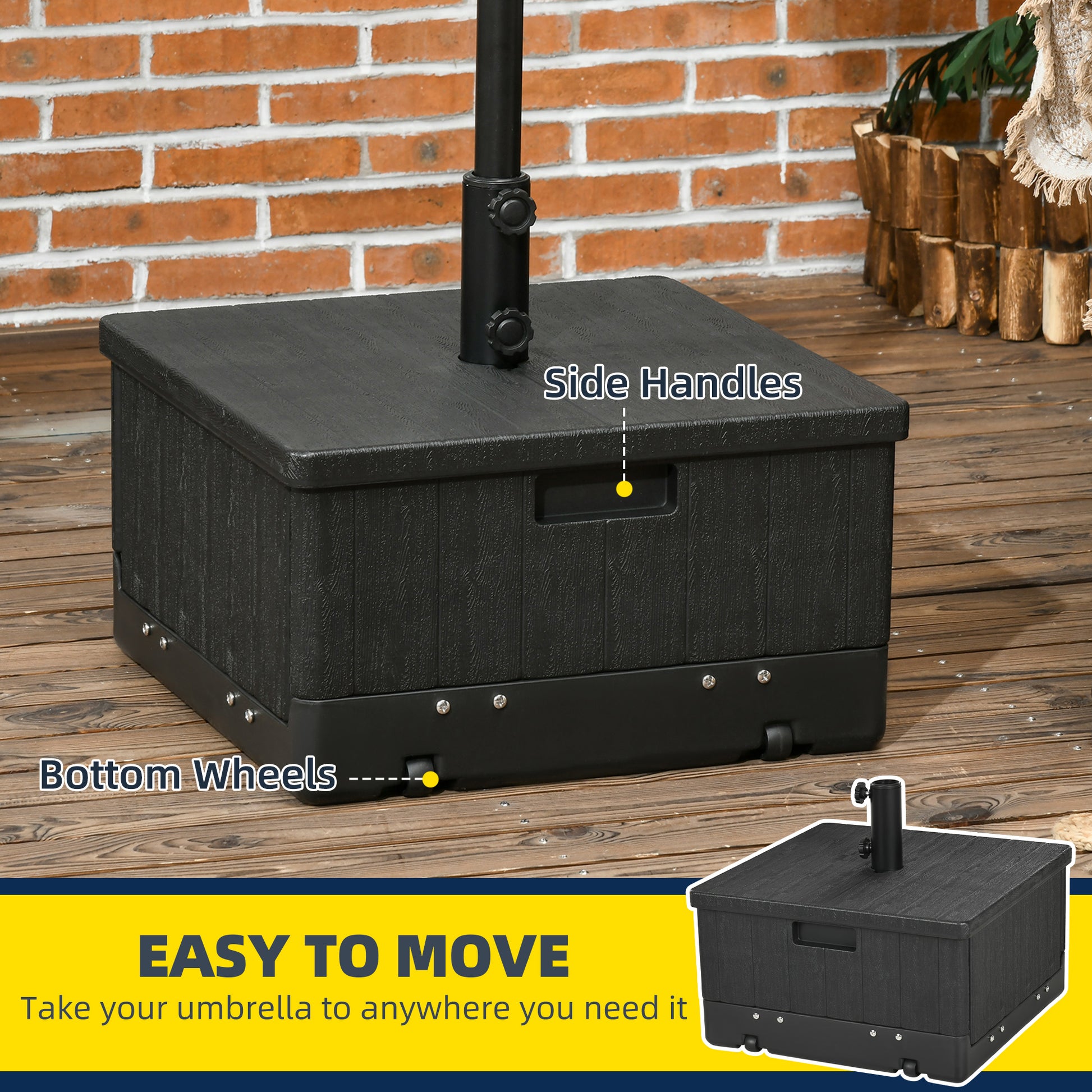 Black outdoor umbrella base with textured finish and builtin wheels for easy transport