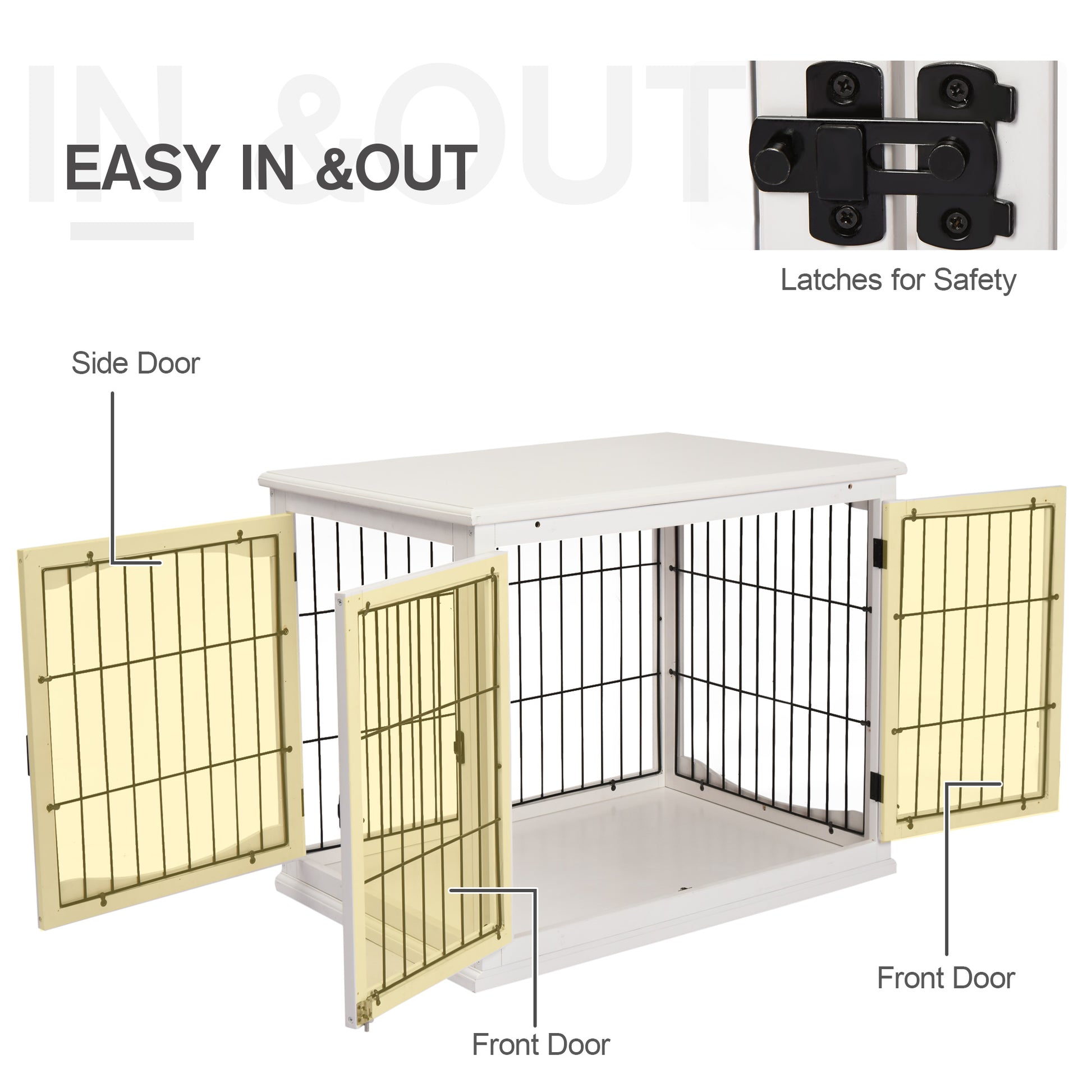 White wooden dog crate with front and side doors open showcasing black wire bars