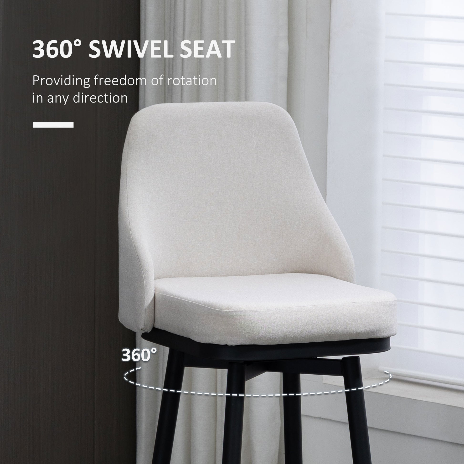 Cream upholstered bar stool with black metal legs and degree swivel seat function