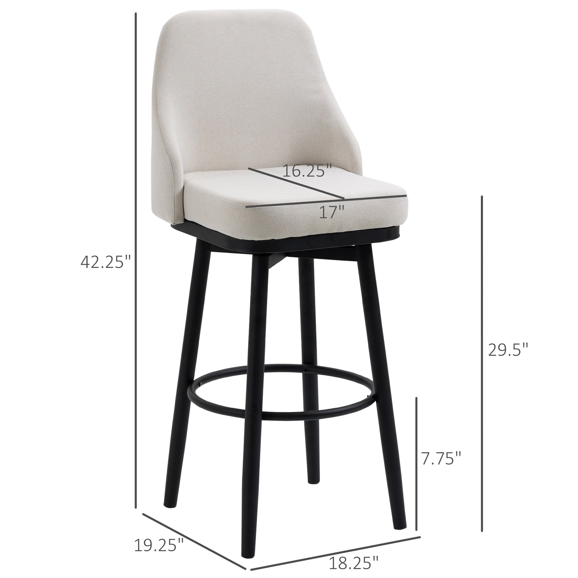 Beige upholstered swivel bar stool with black wooden legs and footrest ring