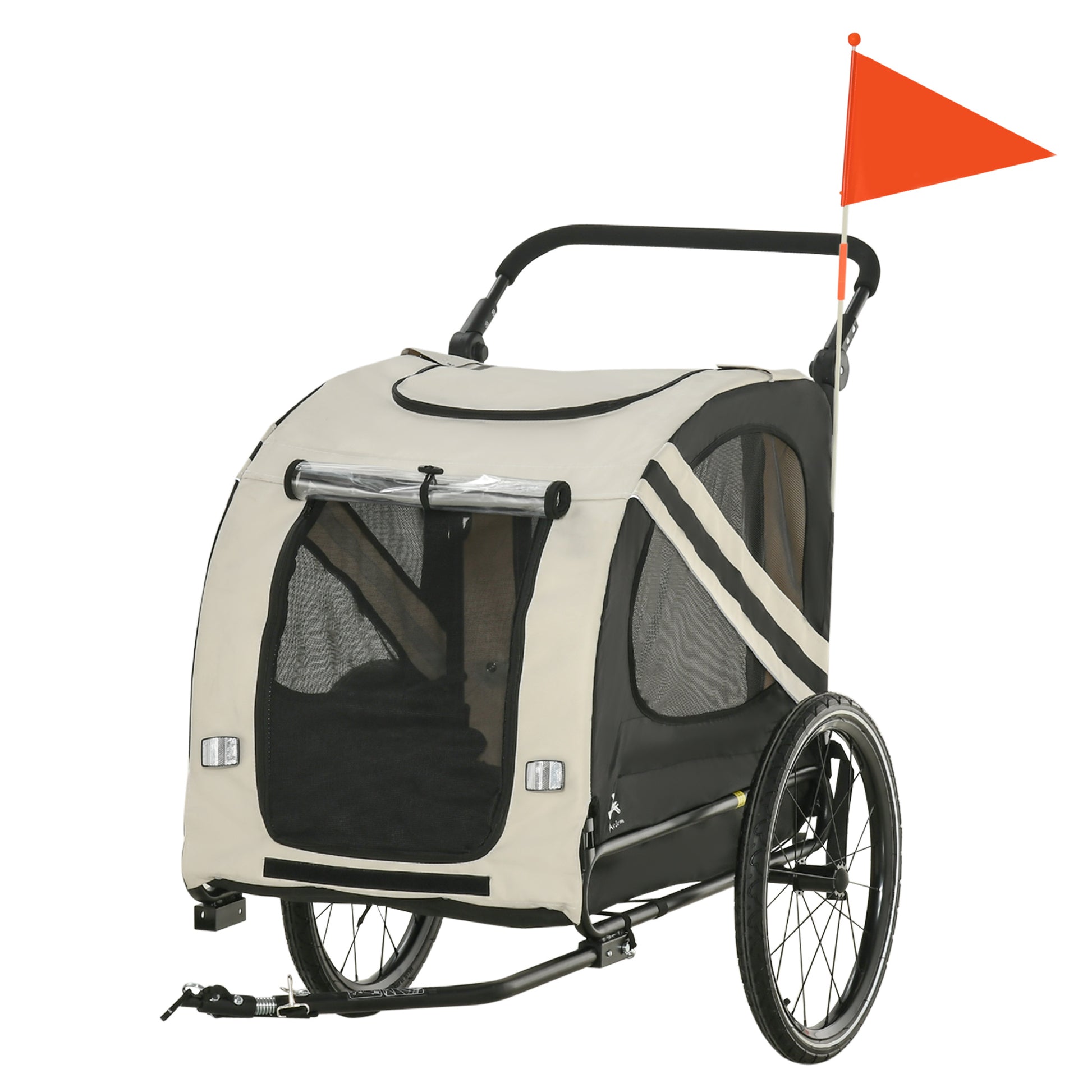 Tan and black fabric pet trailer with mesh windows and orange safety flag