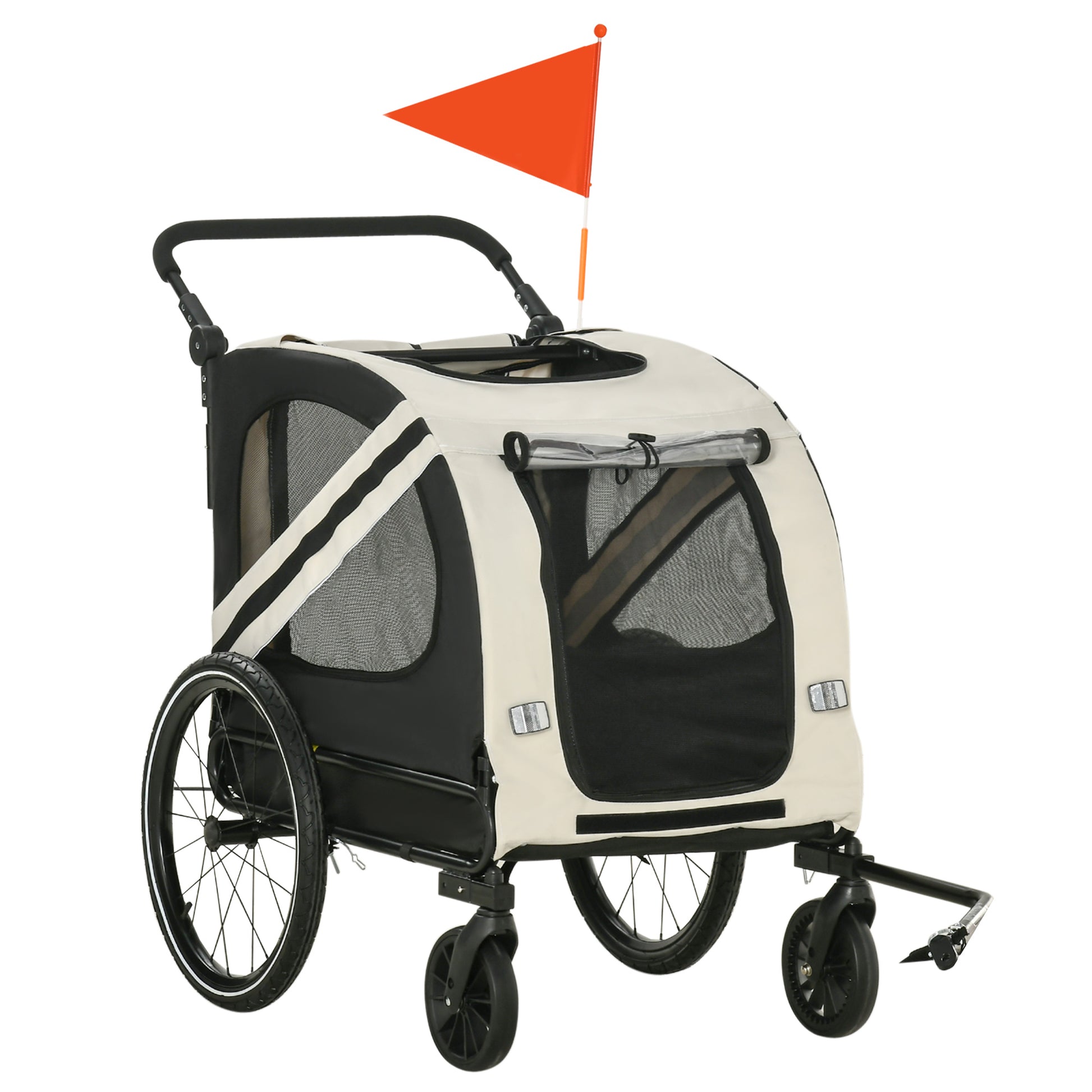 Beige and black dualwheel pet stroller with orange safety flag