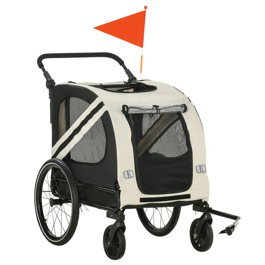 Beige and black dualwheel pet stroller with orange safety flag