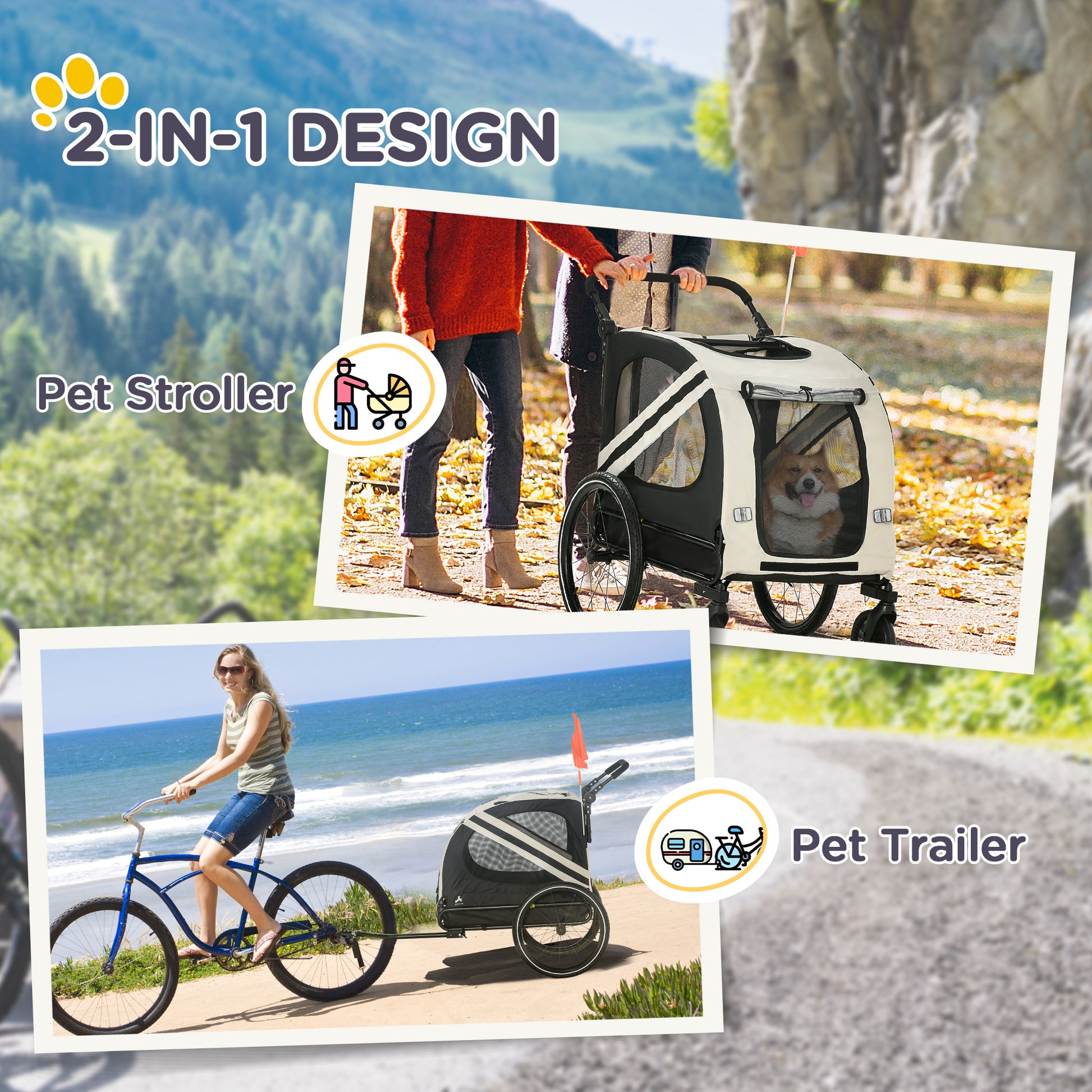 White and black pet stroller with a corgi inside being pushed by people on a forest path