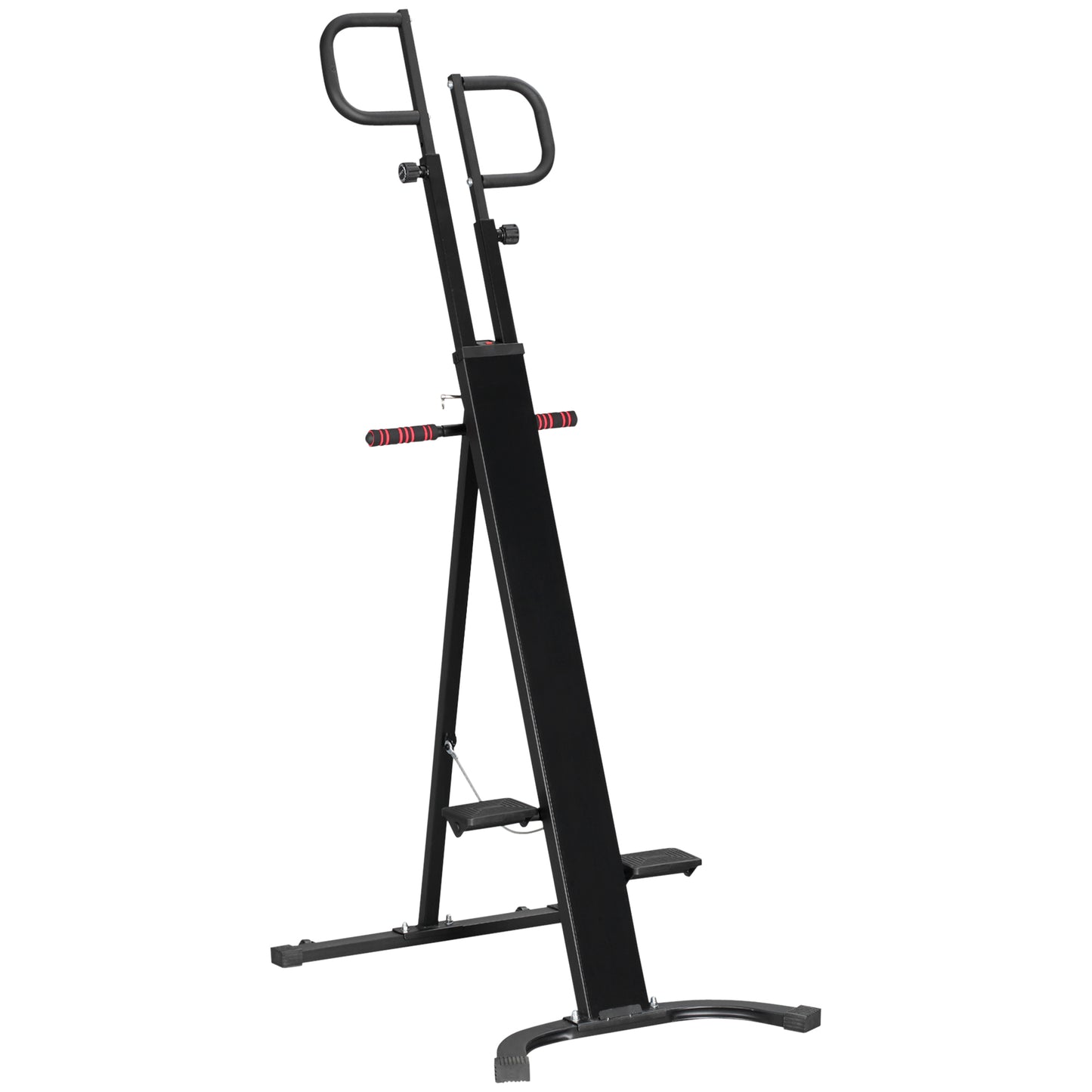 Black vertical climber machine with dual handlebars and textured foot pedals for home workouts