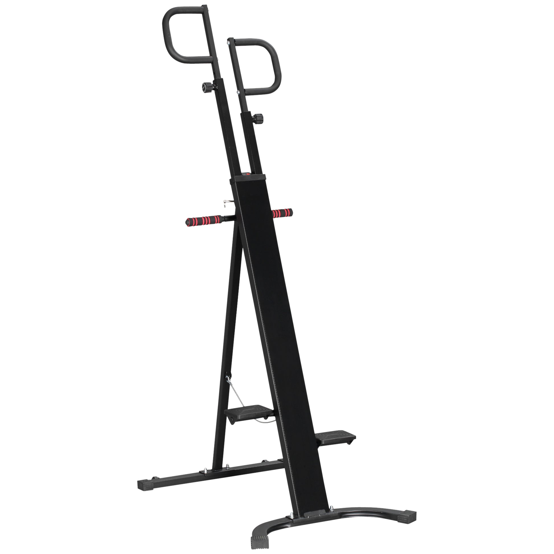 Black vertical climber machine with dual handlebars and textured foot pedals for home workouts