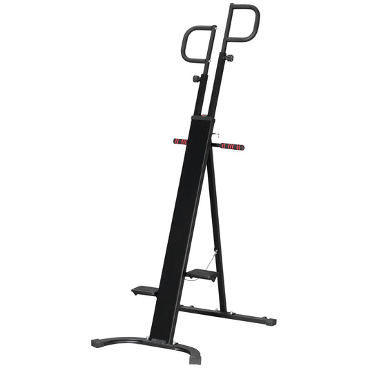 Black vertical climber machine with adjustable handlebars and foot pedals for home gym