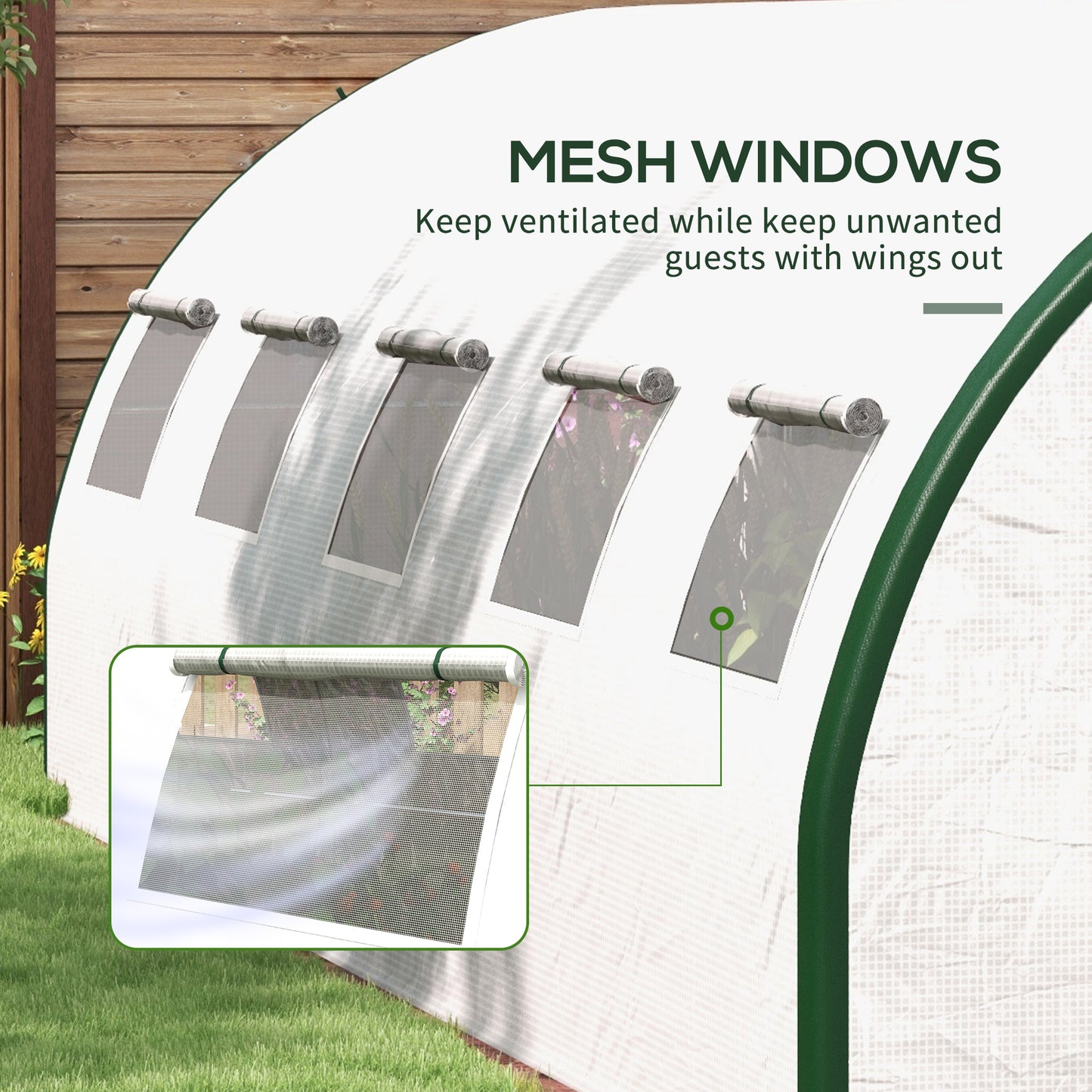 White greenhouse with rollup mesh windows for ventilation