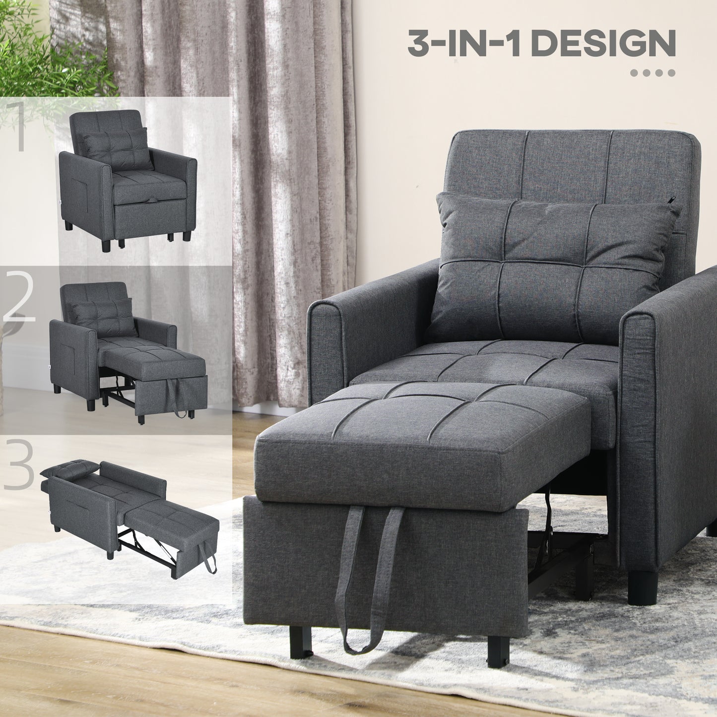 Dark grey upholstered sleeper chair with retracted ottoman perfect for small spaces