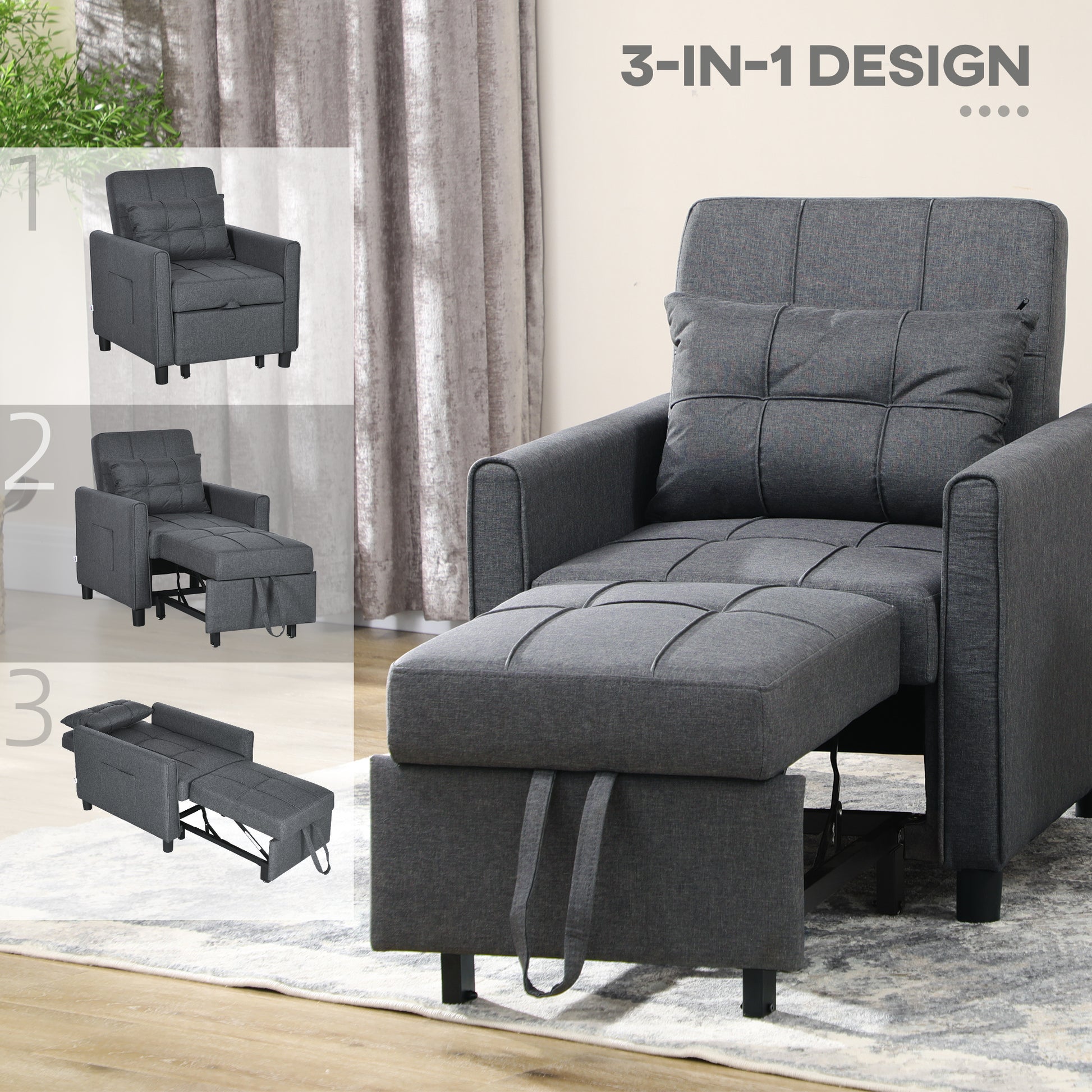 Dark grey upholstered sleeper chair with retracted ottoman perfect for small spaces