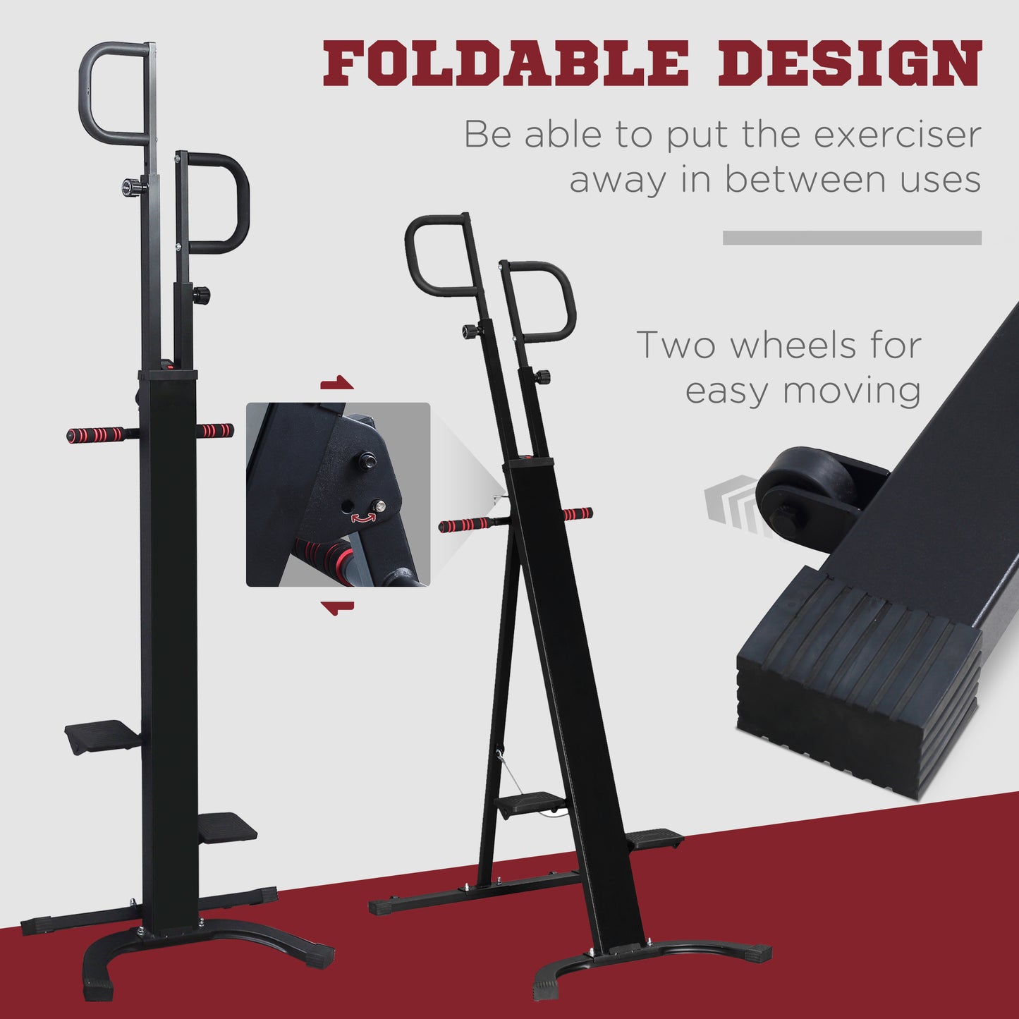 Black foldable vertical climber with padded handlebars and footplates for home workouts