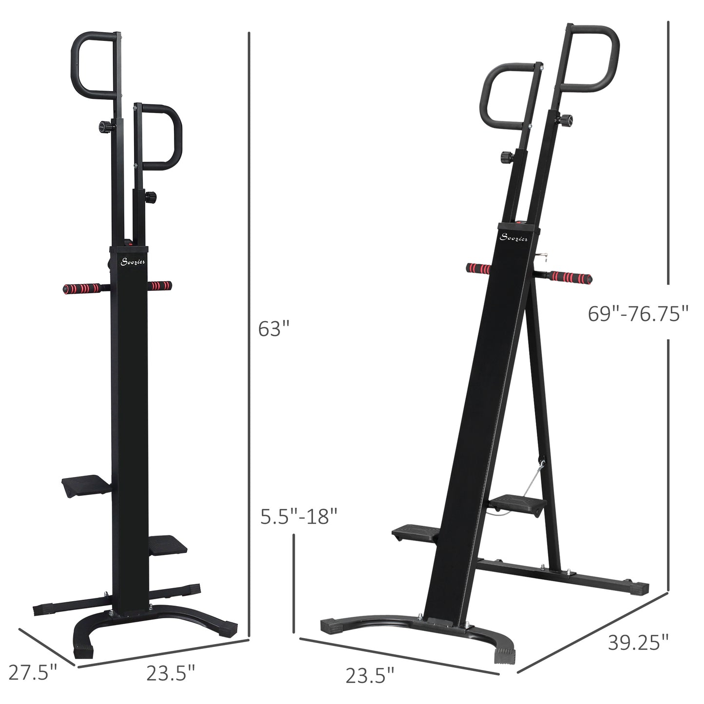 Black adjustable vertical climber machine with padded handles and footrests for home gyms