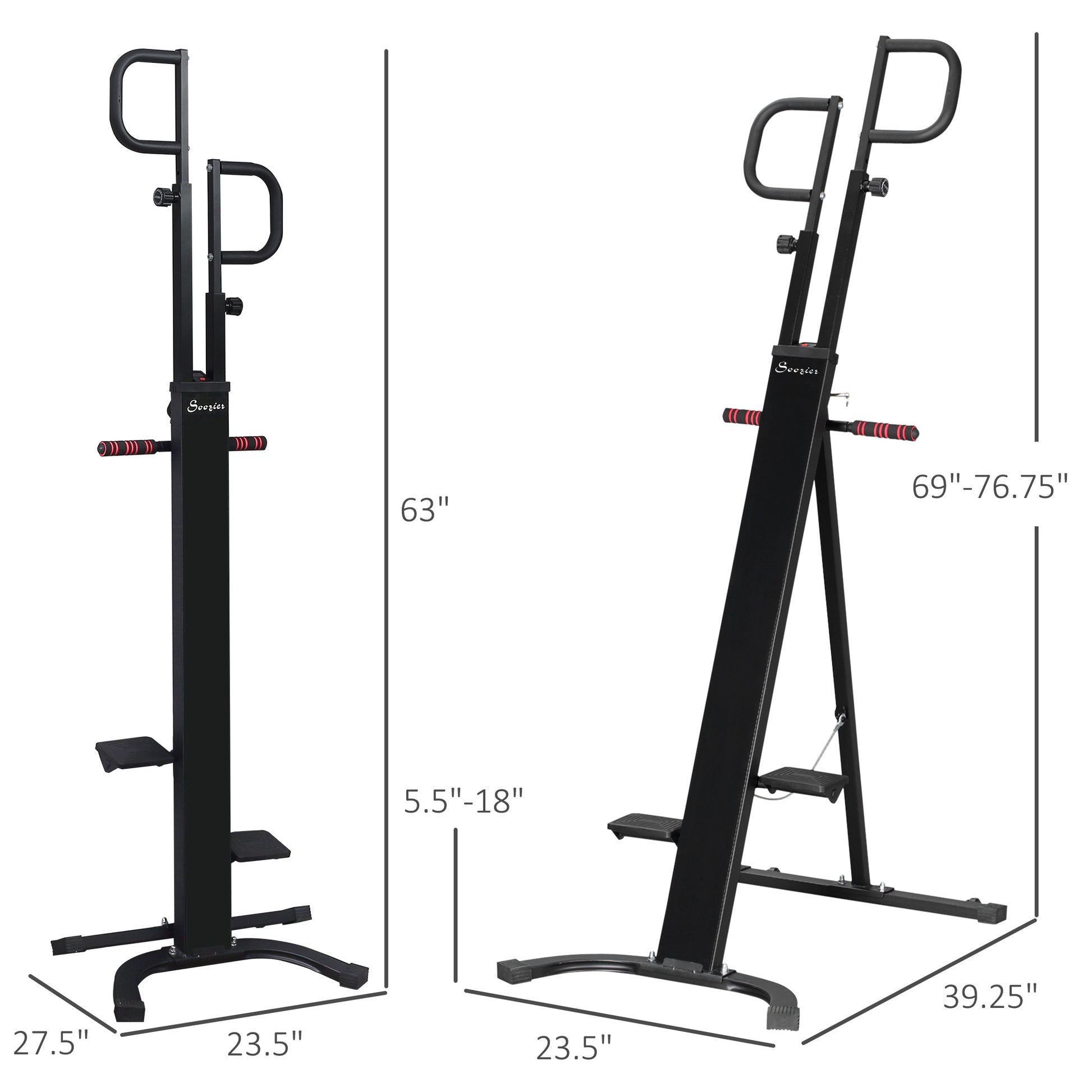 Black adjustable vertical climber machine with padded handles and footrests for home gyms