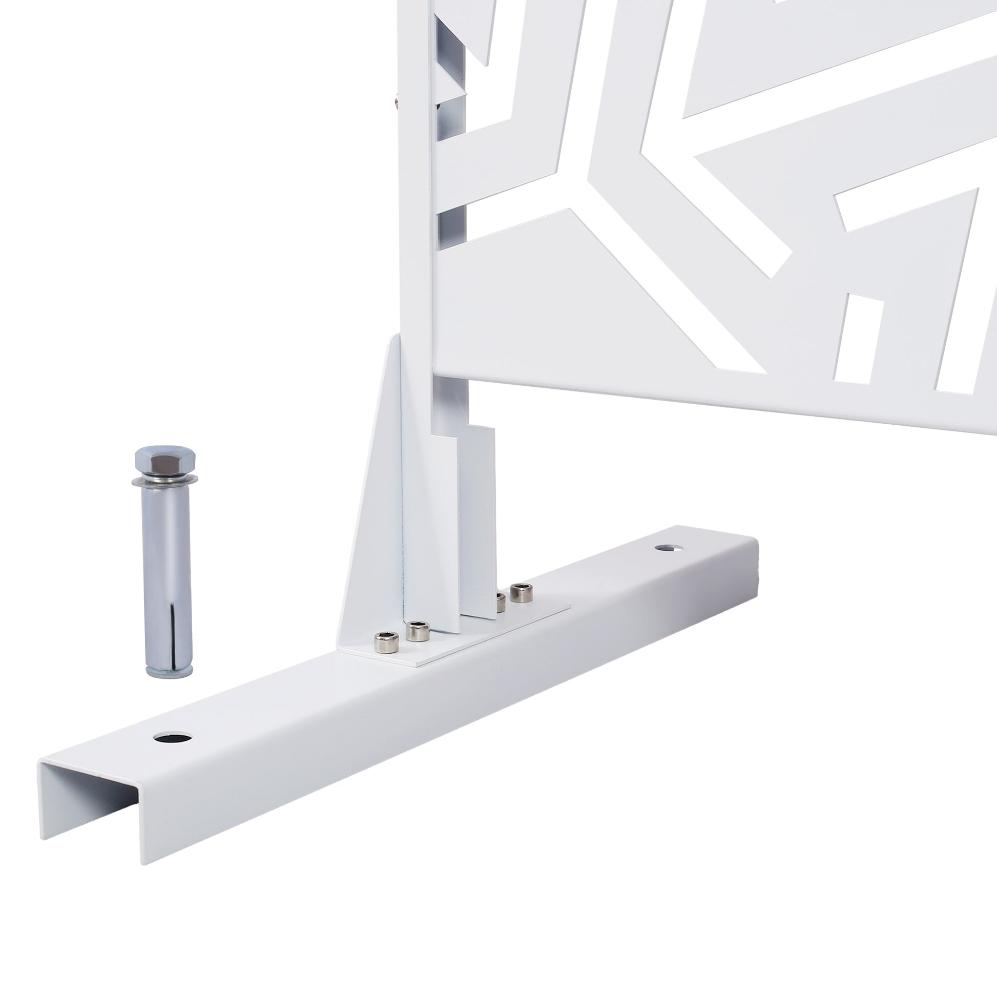 White metal privacy screen base with geometric cutout design and included anchor bolt
