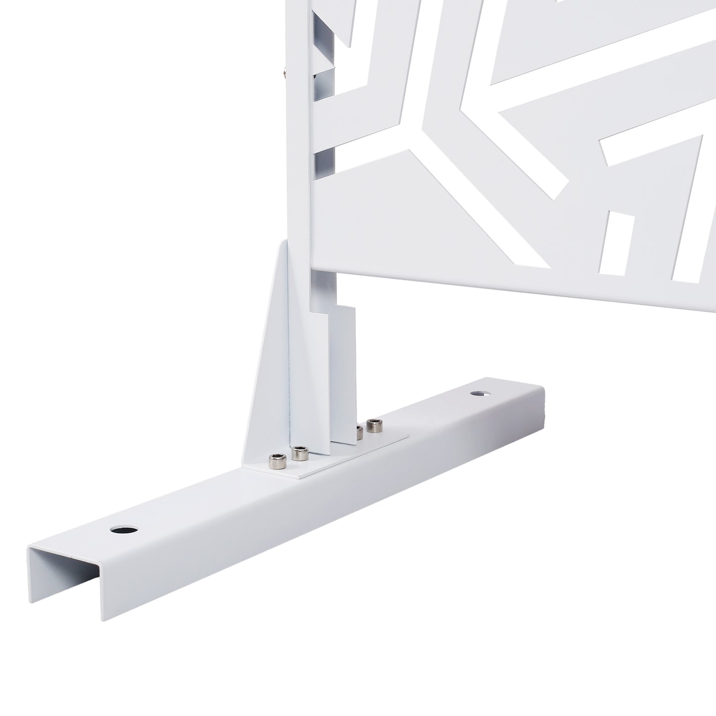 White metal garden screen support with geometric cutouts and base plate