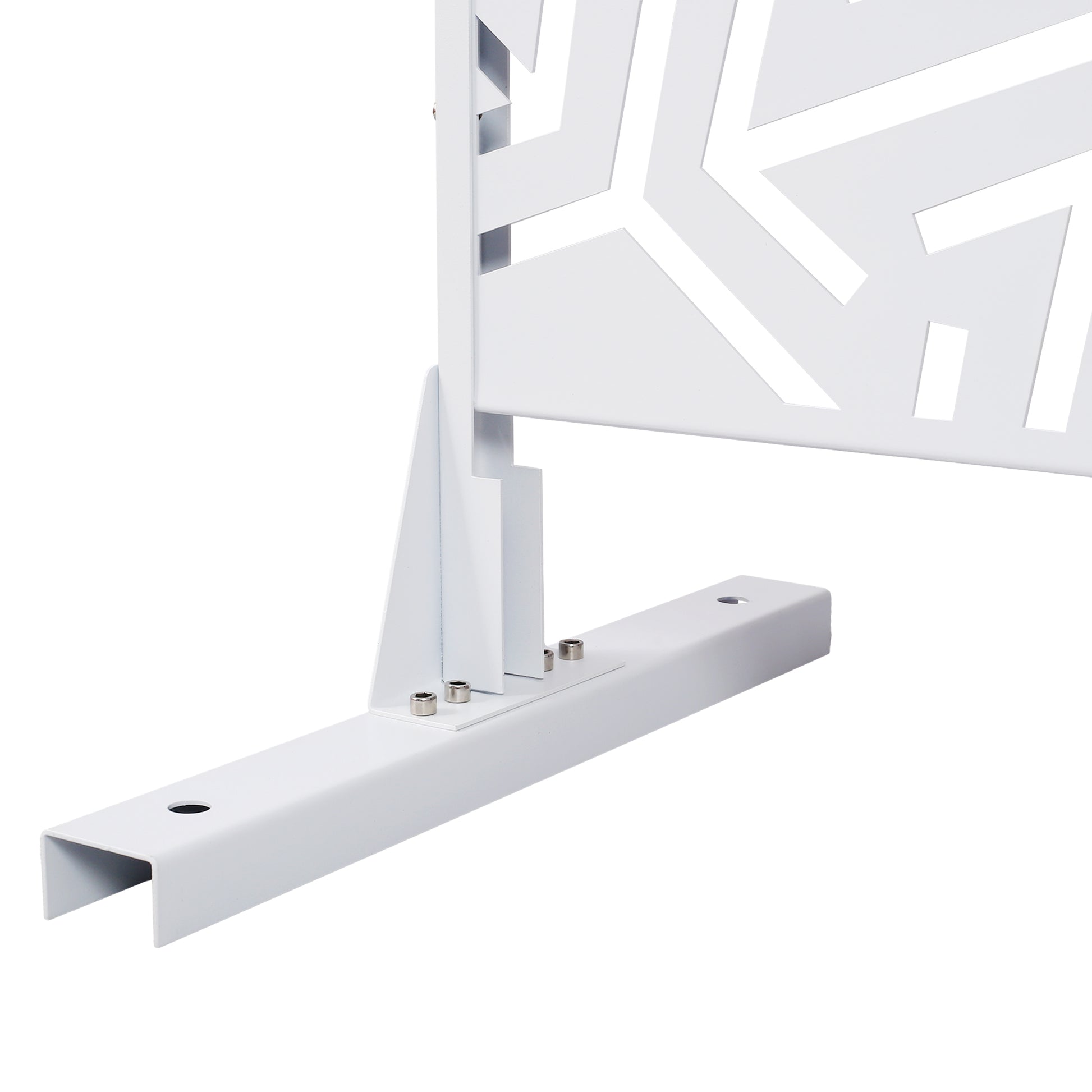 White metal garden screen support with geometric cutouts and base plate