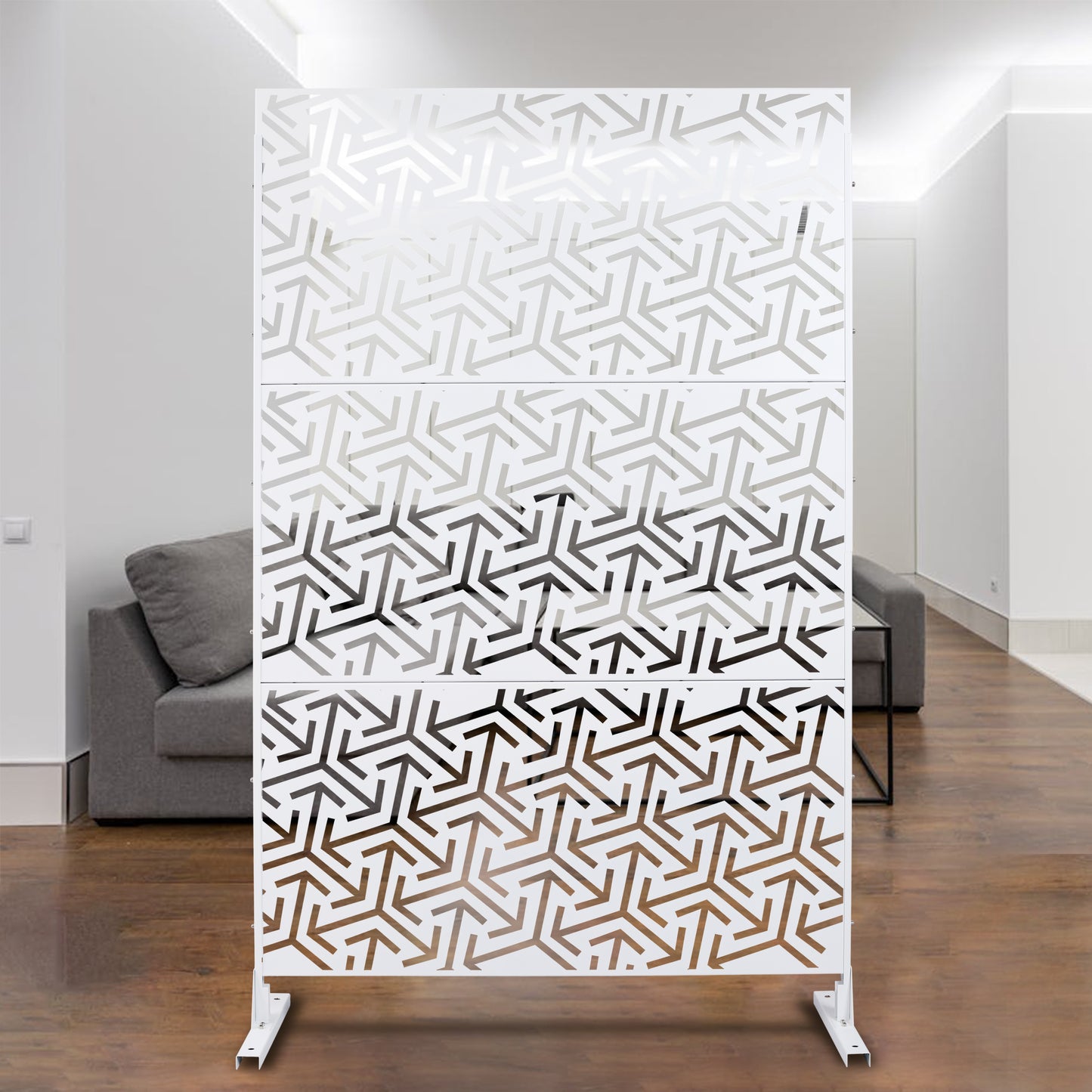 White geometric room divider with a modern lattice design and metal stand