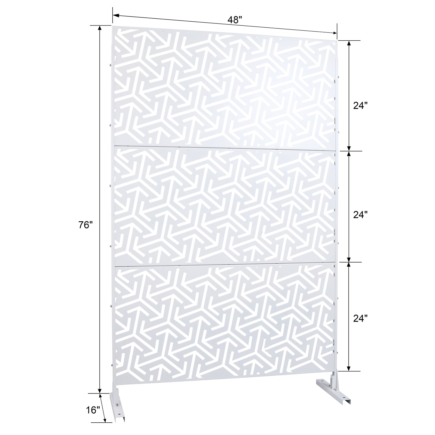Modern white outdoor privacy screen with geometric pattern and metal base  H x  W