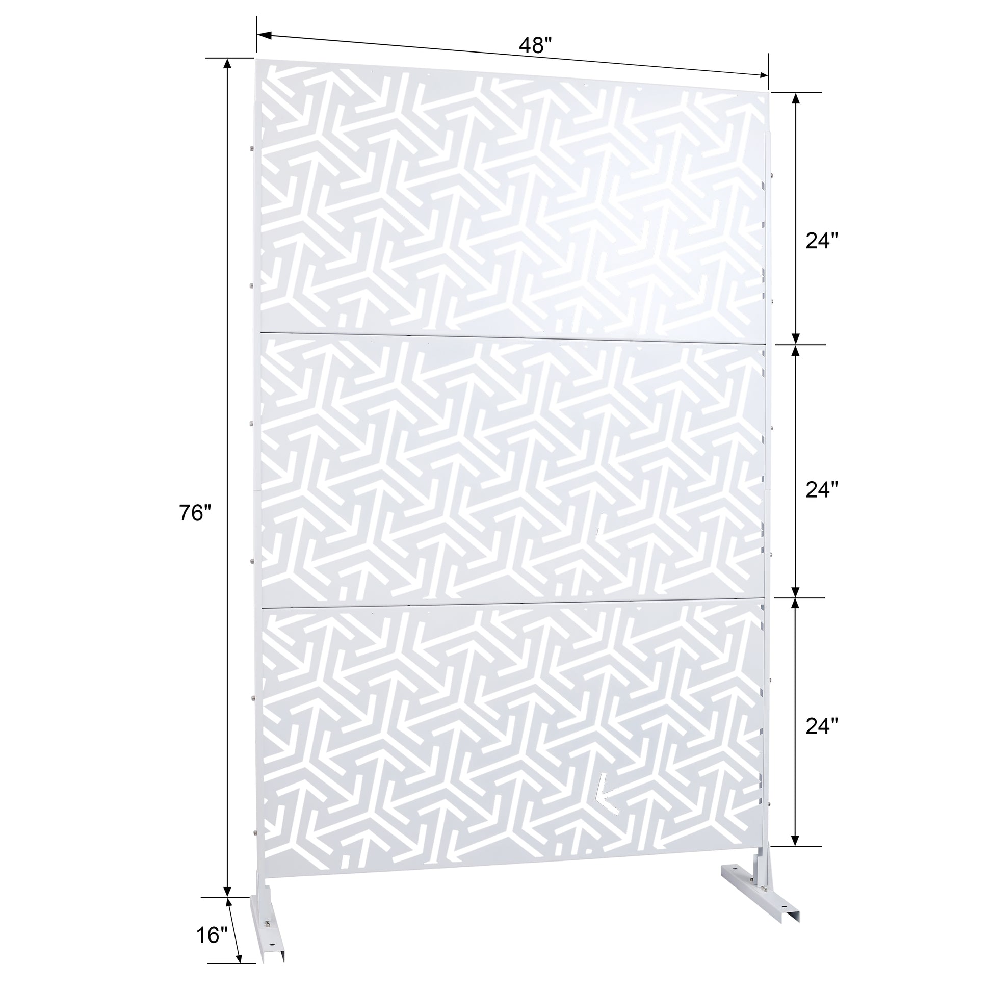 Modern white outdoor privacy screen with geometric pattern and metal base  H x  W