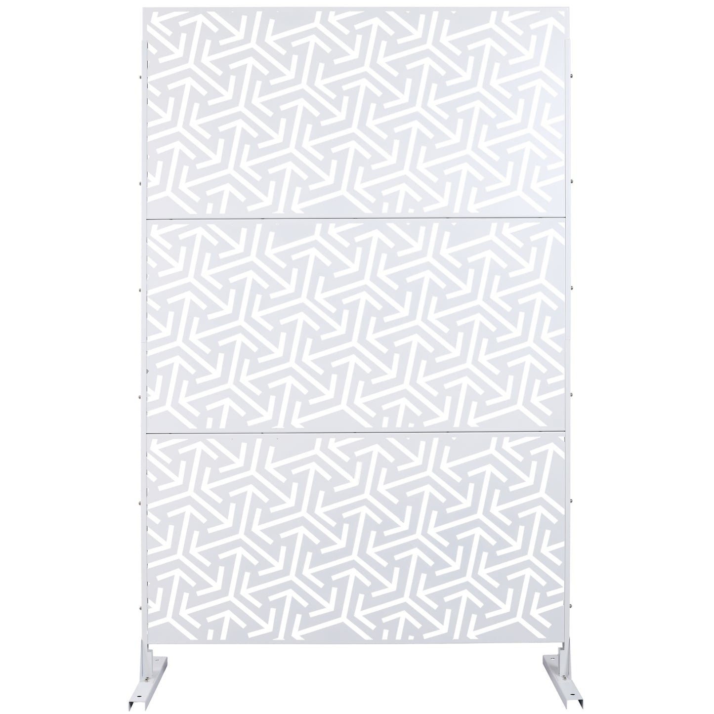 White geometric outdoor privacy screen with interlocking arrow pattern  panels modern design