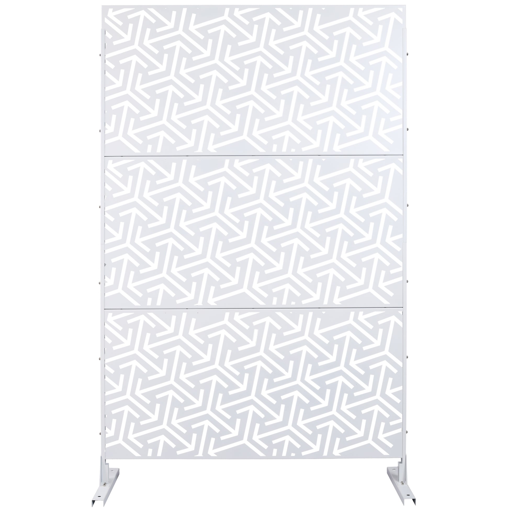 White geometric outdoor privacy screen with interlocking arrow pattern  panels modern design