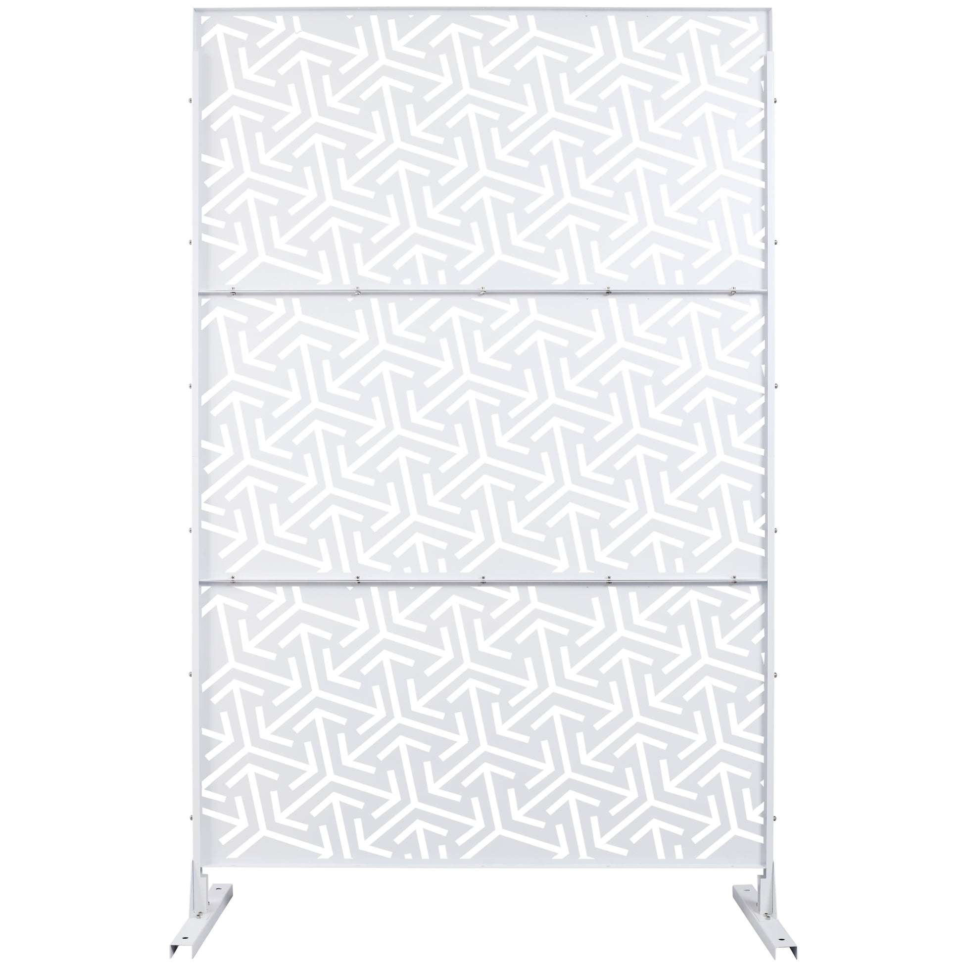 White geometric panel screen with abstract arrow pattern and metal base