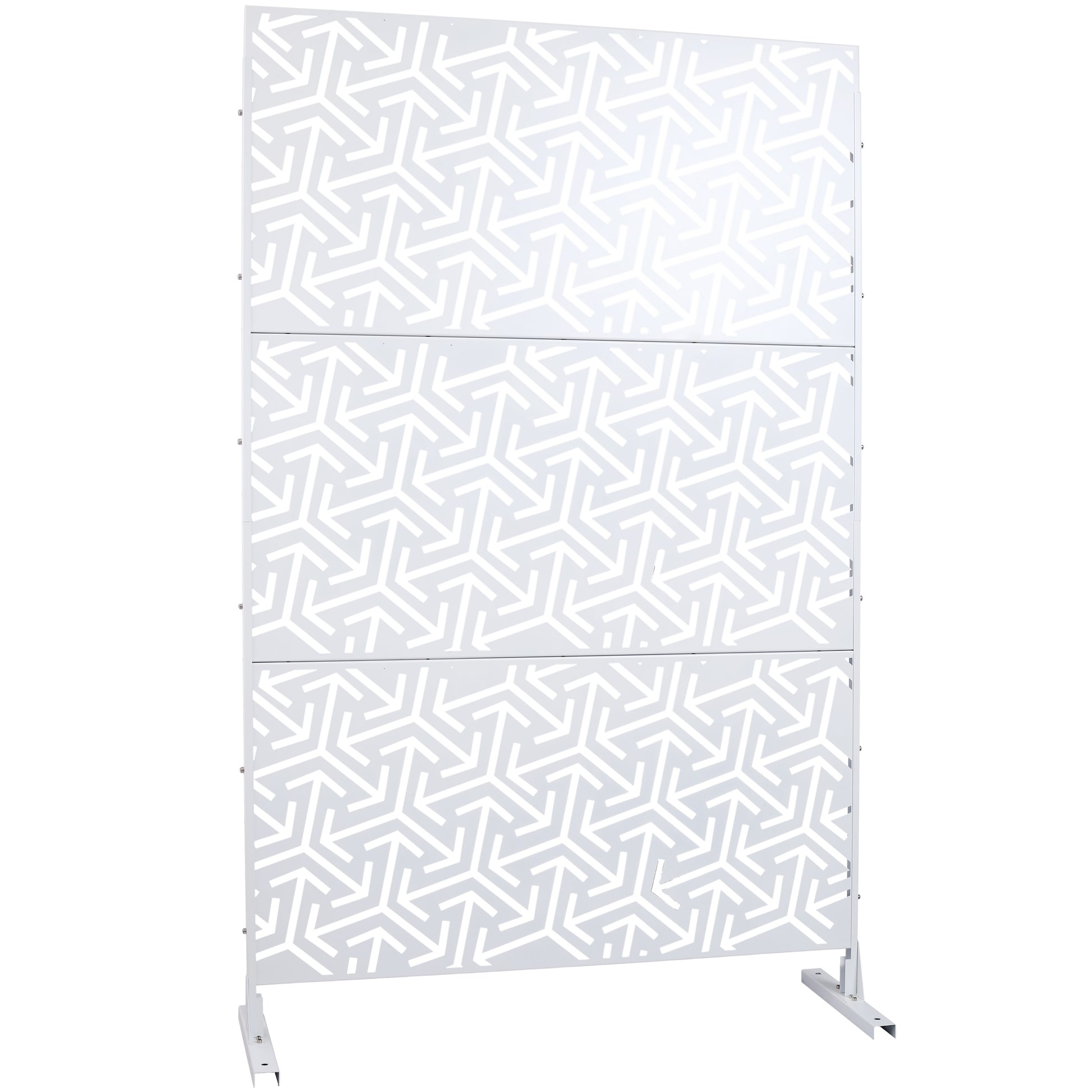 White metal privacy screen with geometric cutout pattern for garden use