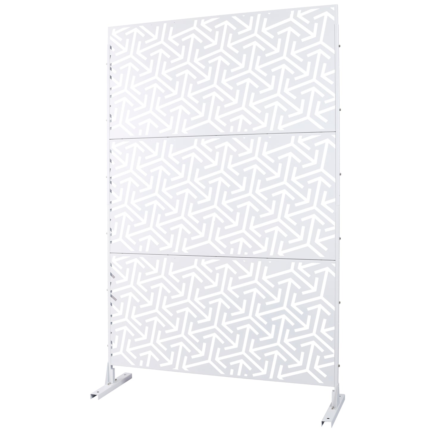 White metal decorative screen panel with interlocking geometric pattern ideal for outdoor privacy