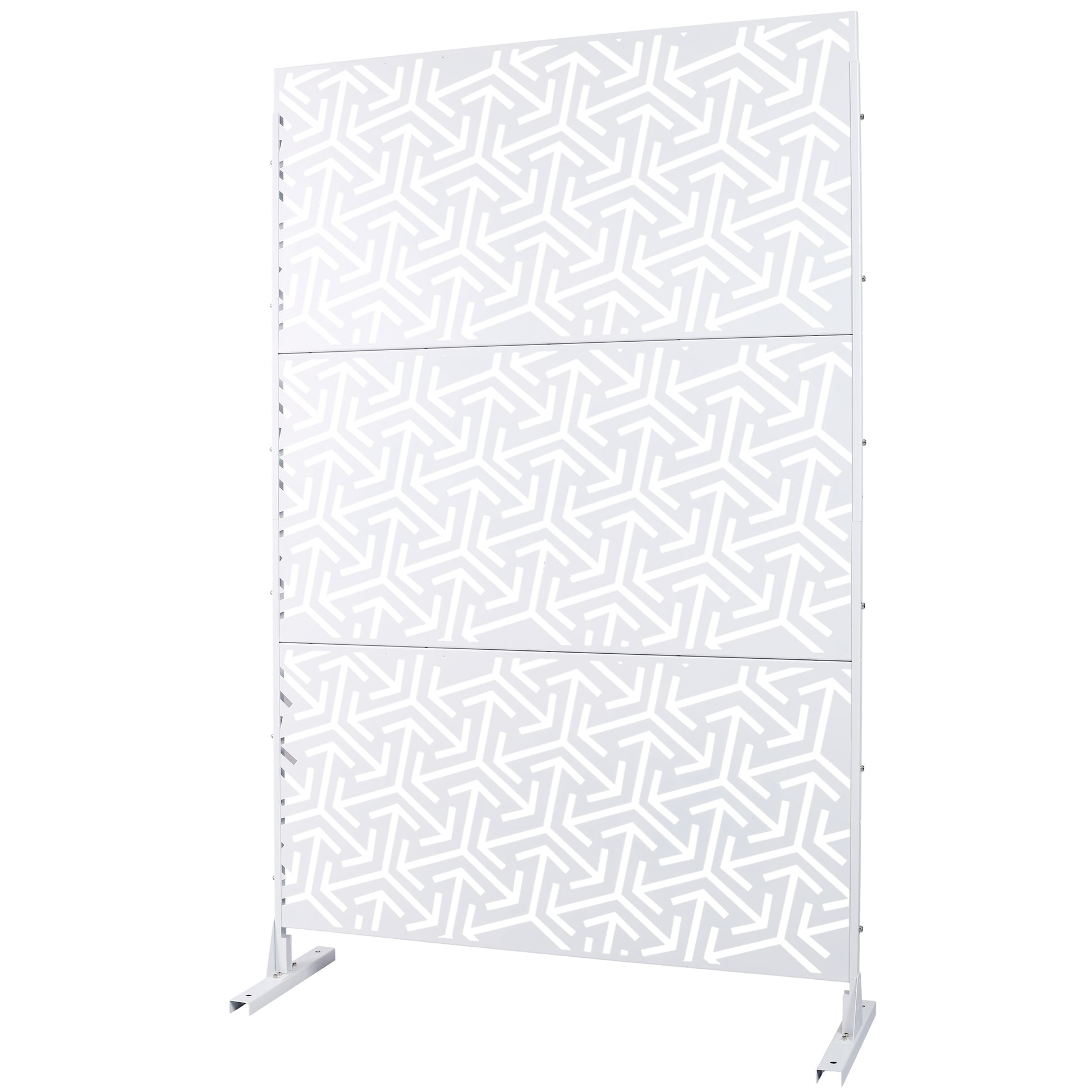 White metal decorative screen panel with interlocking geometric pattern ideal for outdoor privacy