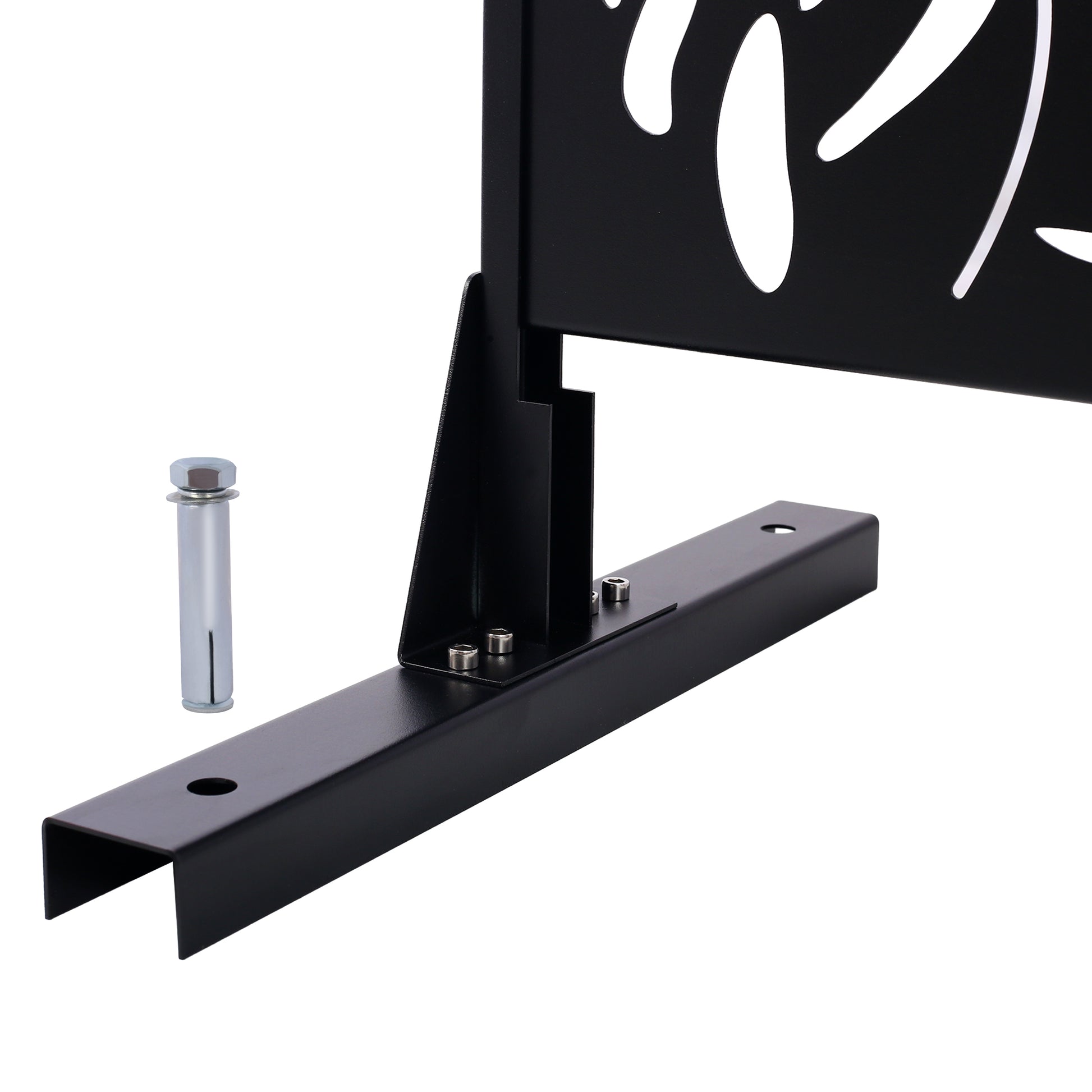 Black metal privacy screen support bracket with included anchor bolt
