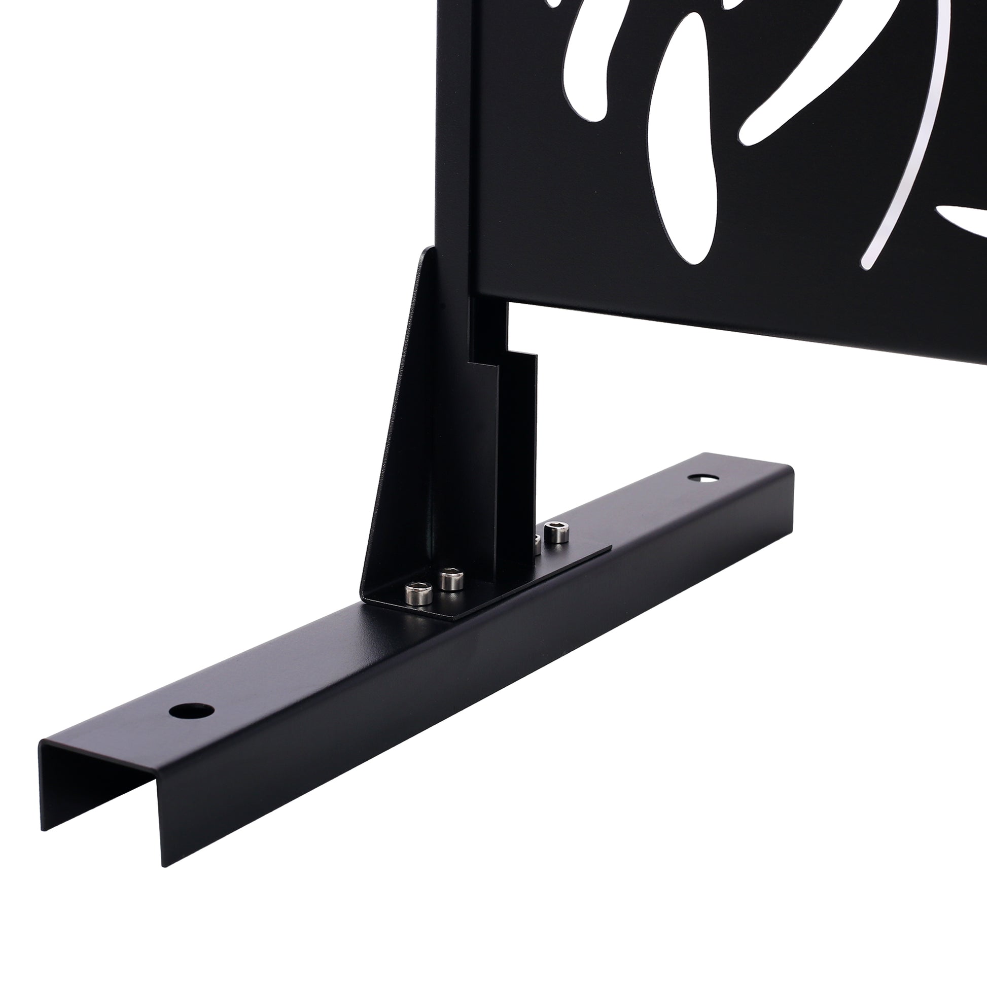 Black metal privacy screen base with predrilled holes for secure installation