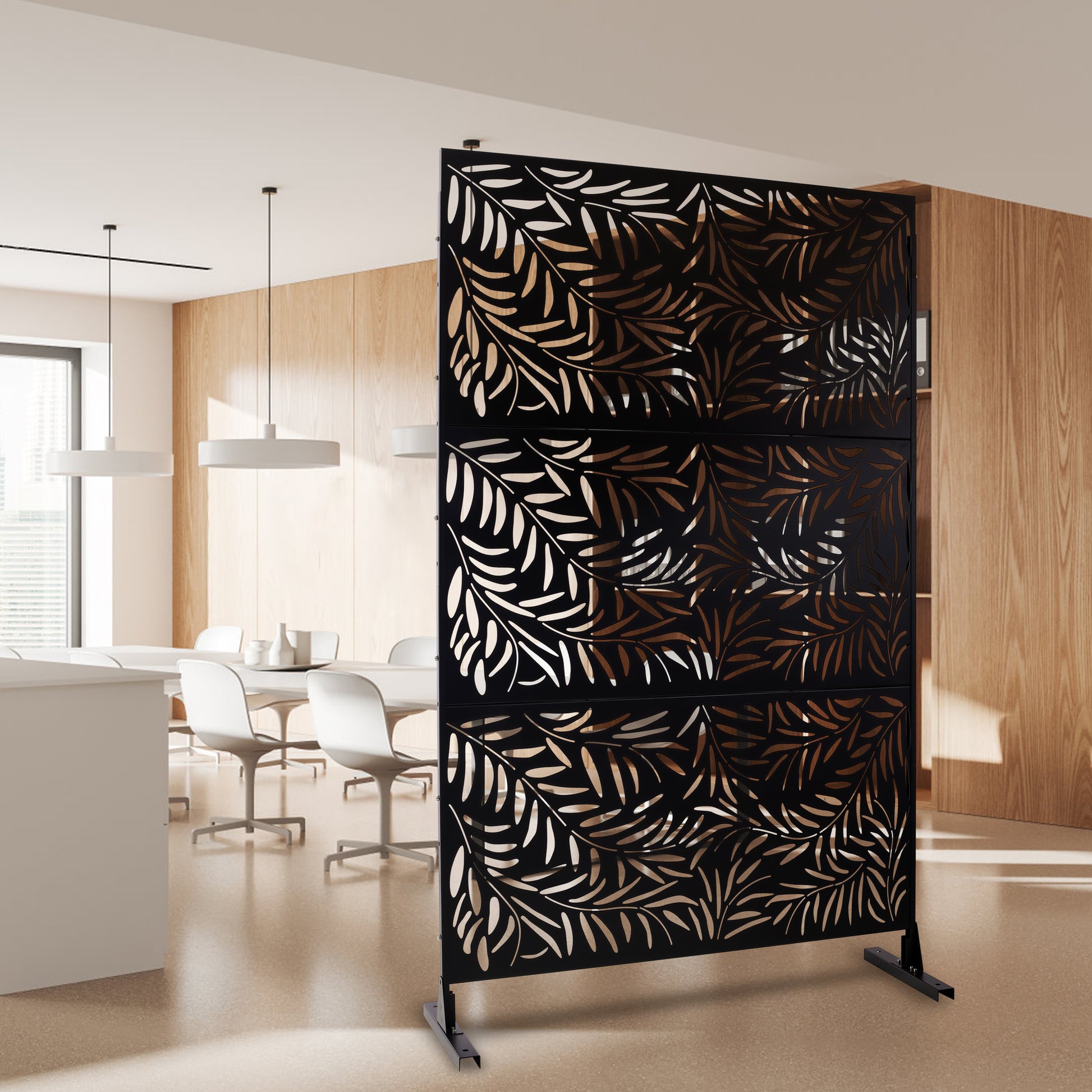 Black decorative room divider with intricate leaf pattern  inches tall