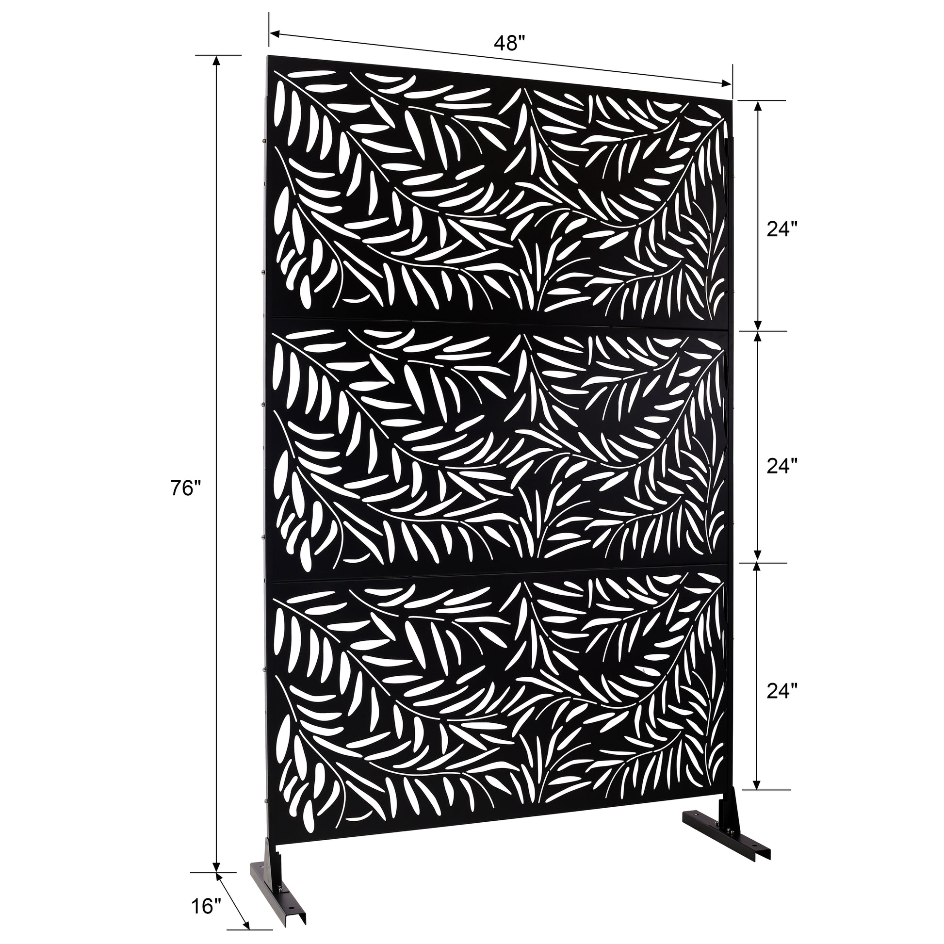 Black metal outdoor privacy screen with intricate white leaf pattern Dimensions shown