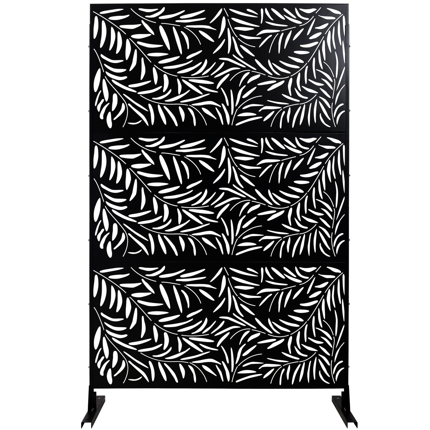 Black metal privacy screen with white leaf pattern